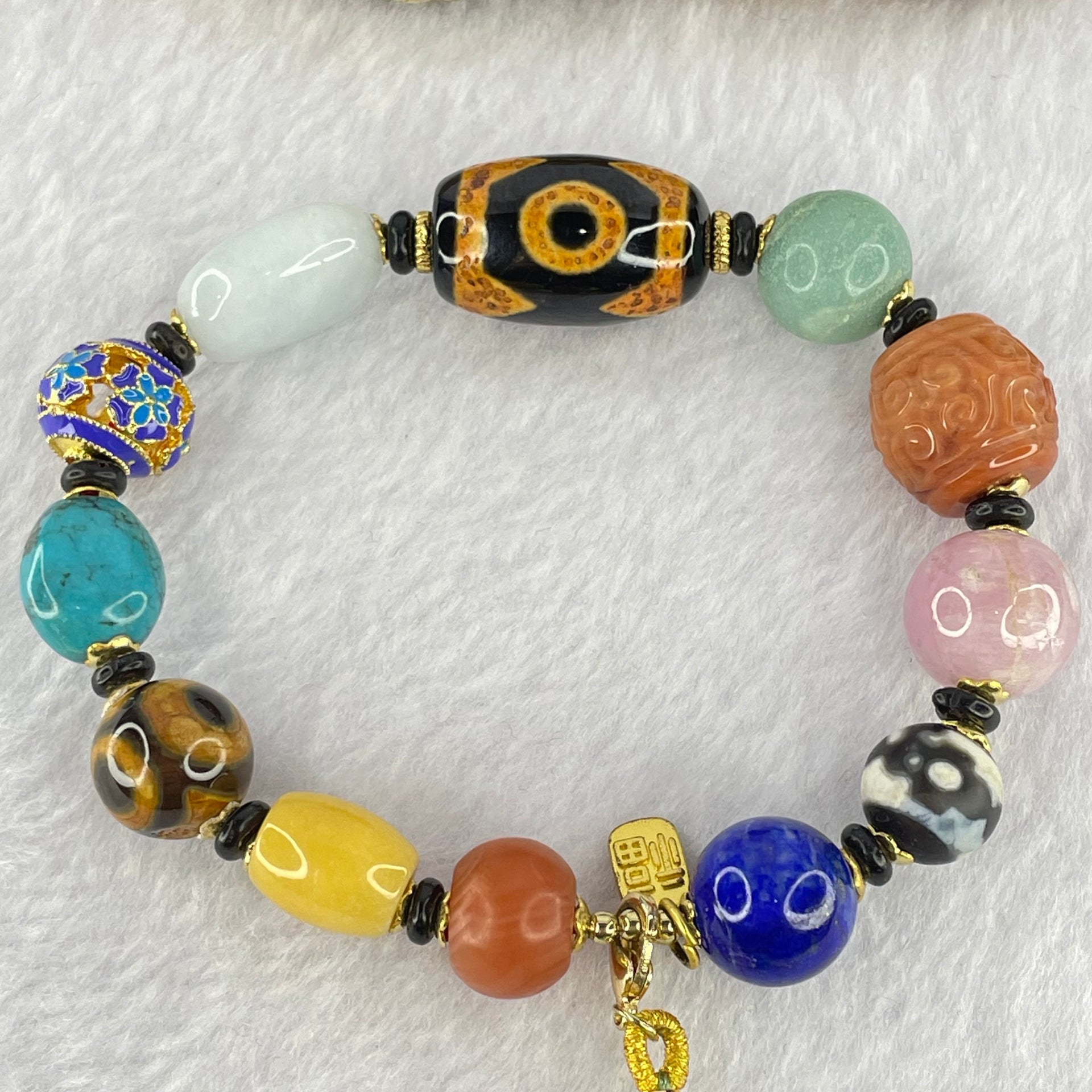 Muti Treasure with Tibetan Old Oily Agate Dzi Beads 3 Eye with Natural Crystals Beads Bracelet 37.56g 16.5cm 21.8 by 13.5mm, 11.2 by 11.7mm, 9.8 by 10.3mm - Huangs Jadeite and Jewelry Pte Ltd