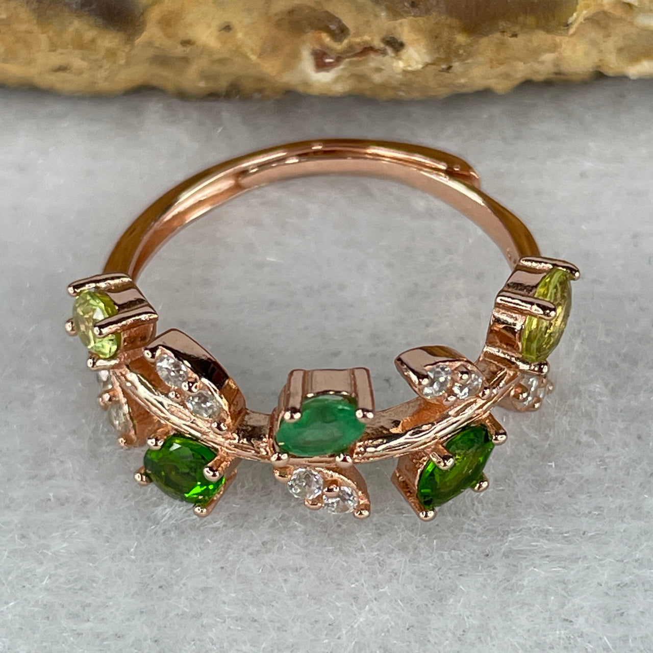 Natural Green Garnet with Cubic Zirconia in S925 Sliver Gold Color Ring 2.32g 4.6 by 3.8 by 1.5mm 5 Pcs (Adjustable Size) - Huangs Jadeite and Jewelry Pte Ltd