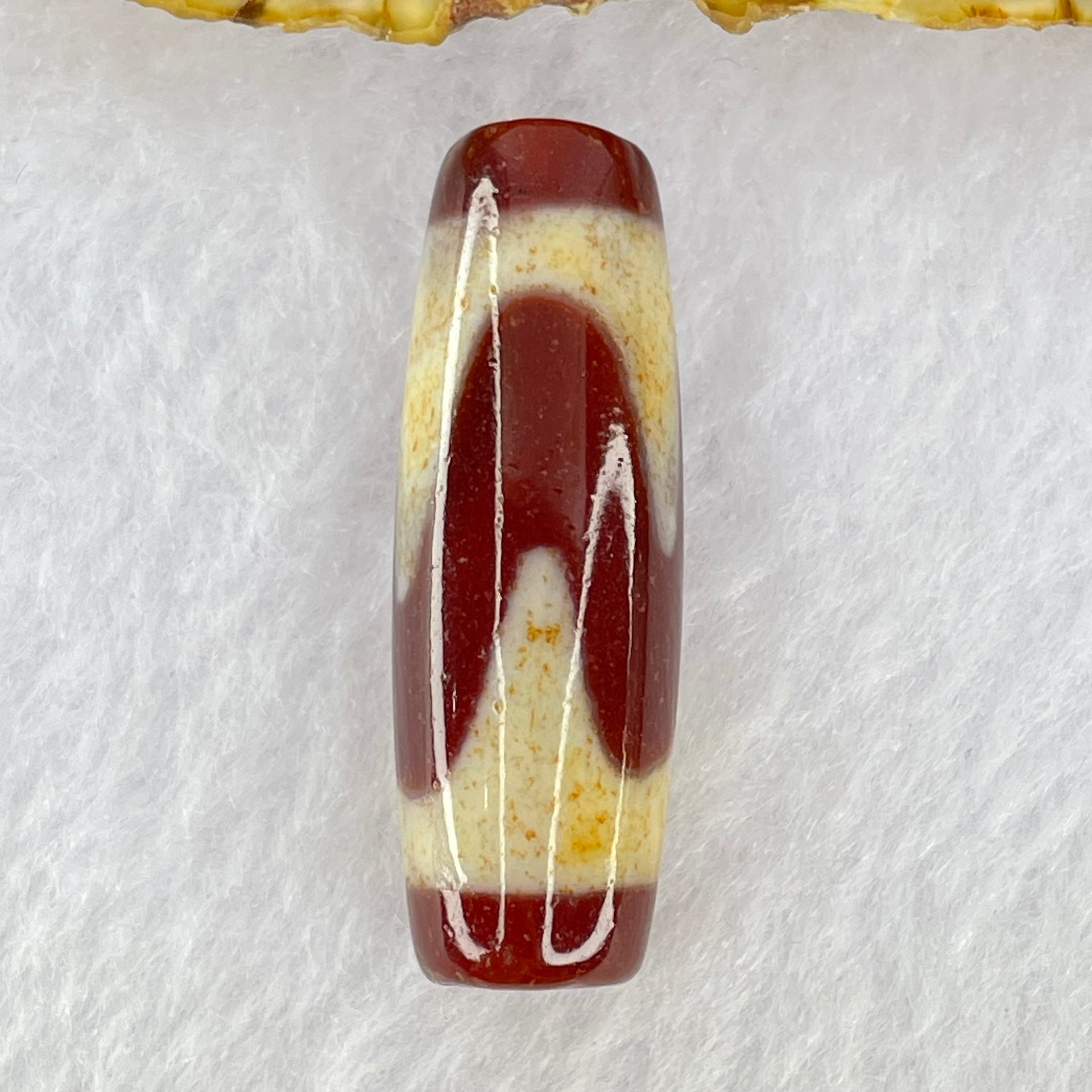 Natural Powerful Tibetan Old Oily Red Yellowish White Agate Tiger Tooth Daluo Dzi Bead Heavenly Master (Tian Zhu) 虎牙天珠 10.43g 38.4 by 13.0mm - Huangs Jadeite and Jewelry Pte Ltd