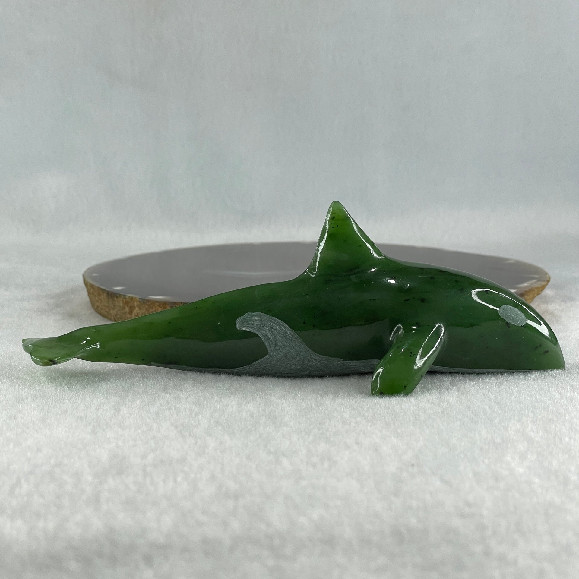 Natural Dark Green Serpentine Killer Whale Display 148.0g 143.5 by 55.0 by 48.5mm - Huangs Jadeite and Jewelry Pte Ltd