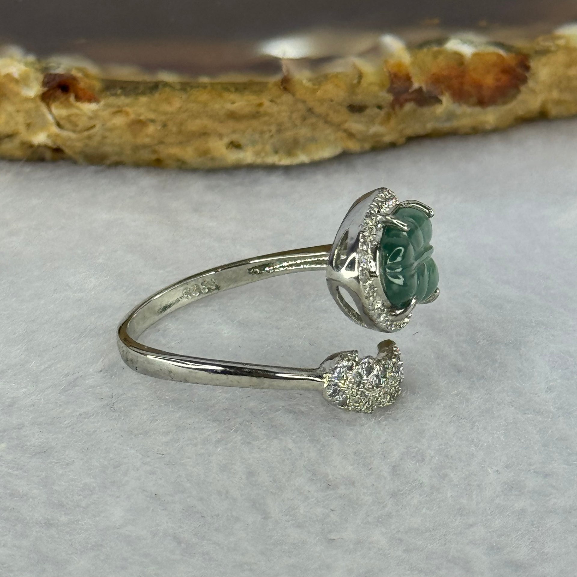 Type A Icy Blueish Jadeite Leaf with Crystals in S925 Sliver Ring (Adjustable Size) 2.60g 12.3 by 7.4 by 2.0mm - Huangs Jadeite and Jewelry Pte Ltd