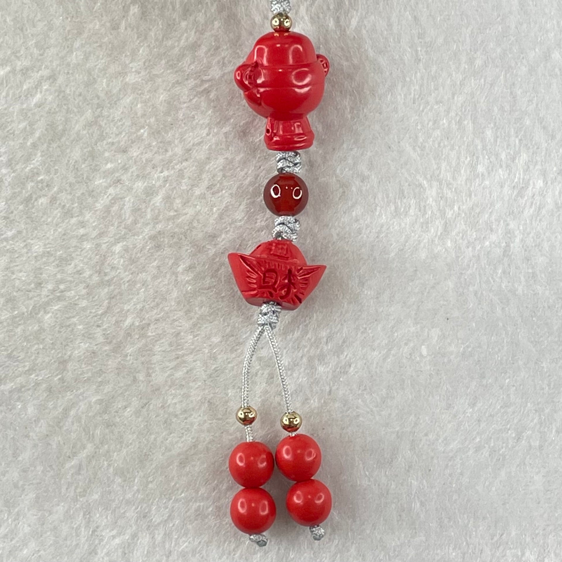Natural Red Cinnabar Baby God of Fortune 16.0 by 16.8 by 11.3mm with Ingot Yuan Bao 9.0 by 13.06 by 9.1mm and Beads 6.54g - Huangs Jadeite and Jewelry Pte Ltd