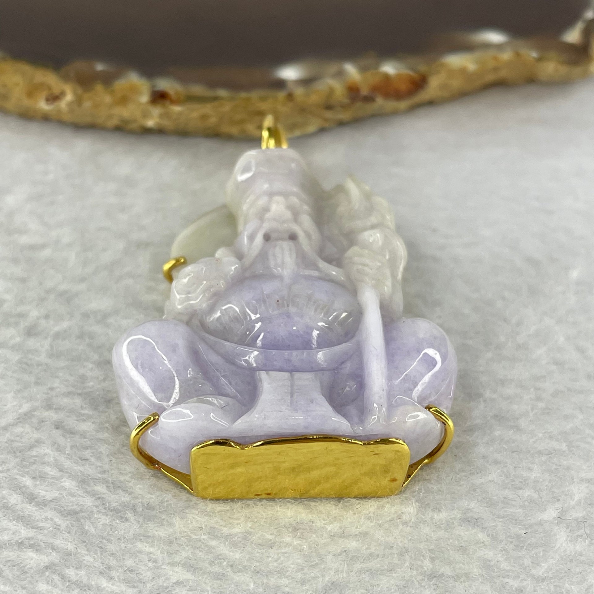 Pre-Love Type A Lavender Jadeite Tu Di Gong in 916 Yellow Gold Setting Large Clasp Inner Diameter 9.3mm suitable for very thick Gold Chain - Huangs Jadeite and Jewelry Pte Ltd