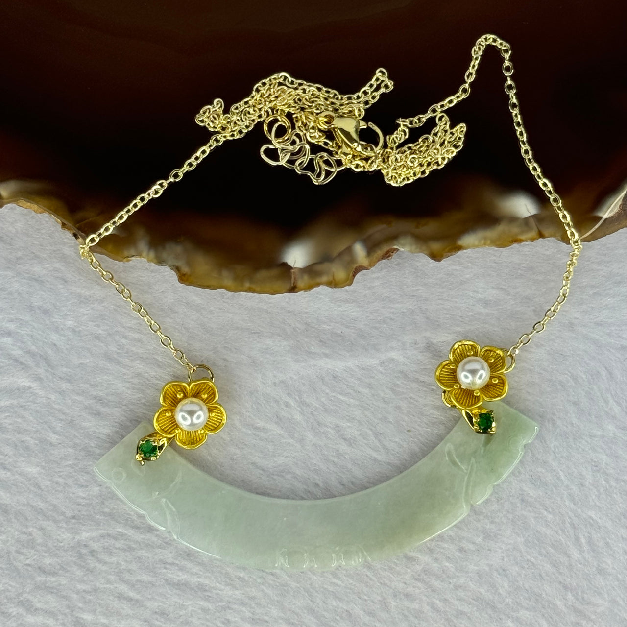 Type A Light Green Jadeite with Gold Color Necklace 10.77g 65.5 by 10.8 by 3.0mm - Huangs Jadeite and Jewelry Pte Ltd
