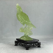 Natural Green Serpentine Javan Mynah Birds on Tree with Wooden Stand Display 375.6g 112.0 by 188.0 by 66.0mm - Huangs Jadeite and Jewelry Pte Ltd
