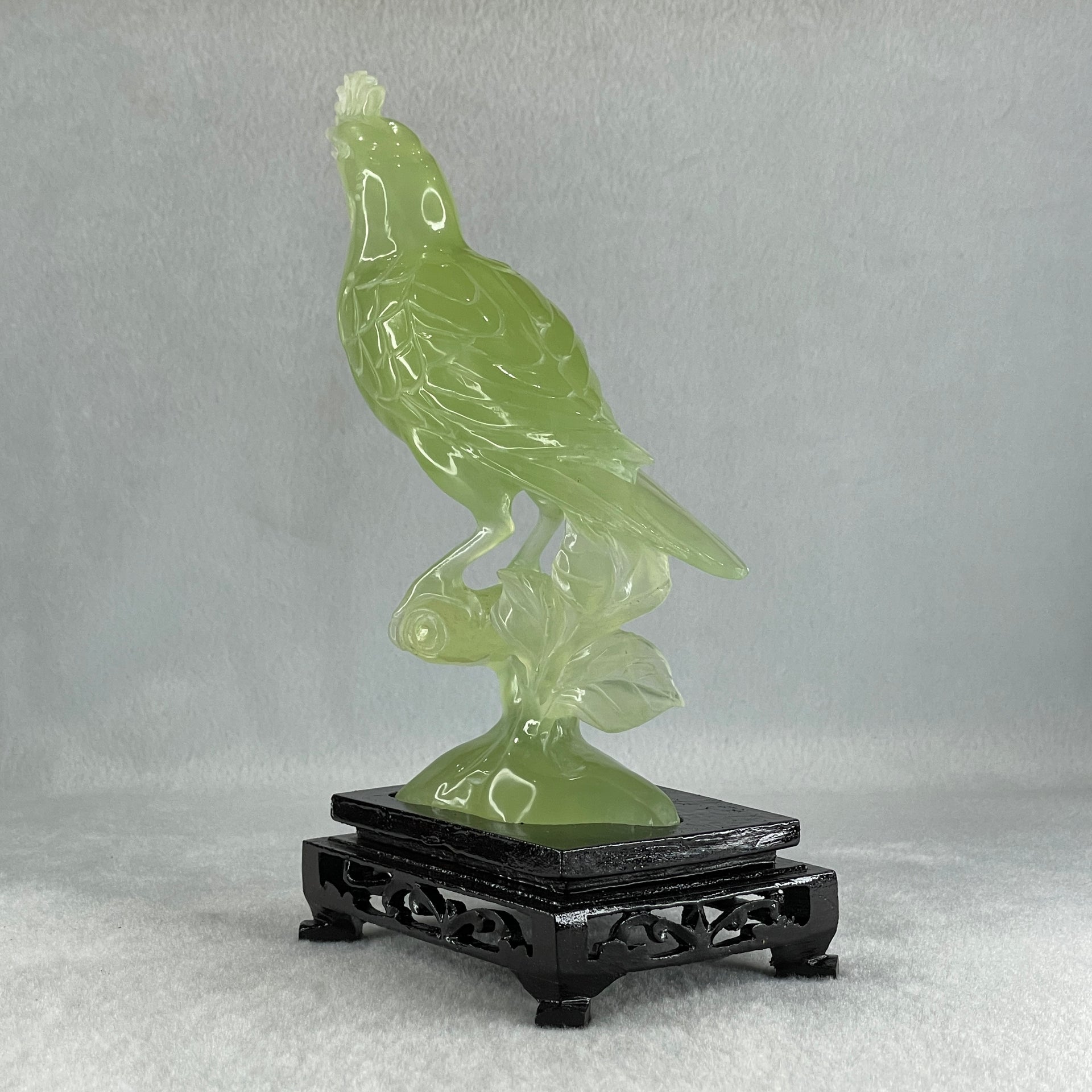 Natural Green Serpentine Javan Mynah Birds on Tree with Wooden Stand Display 375.6g 112.0 by 188.0 by 66.0mm - Huangs Jadeite and Jewelry Pte Ltd