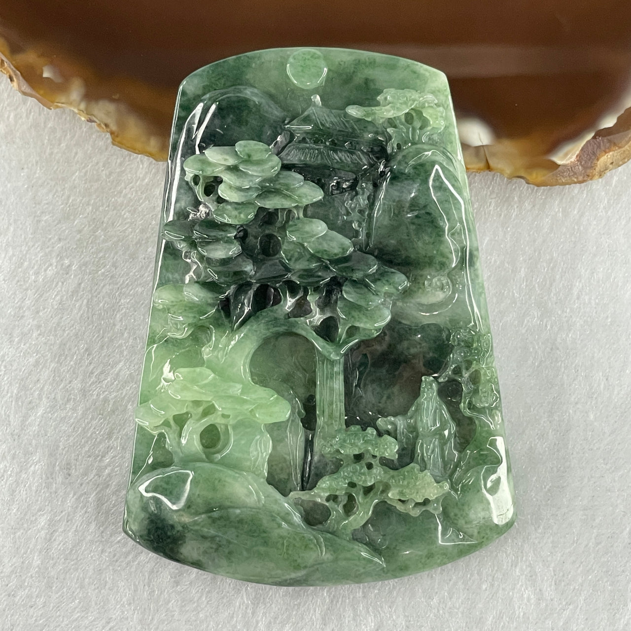 Grand Master Type A Green with Spicy Green Piao Hua Jadeite Shan Shui with Gui Ren Pendant 82.26g 72.0 by 50.0 by 15.0mm