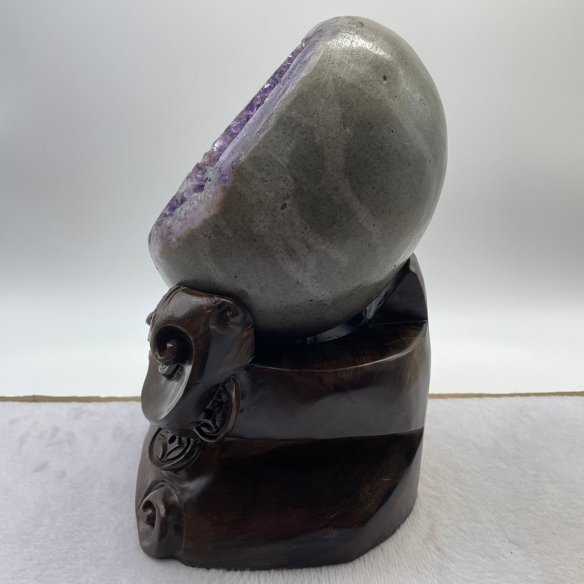 Natural Deep Purple Amethyst Egg with Wooden Stand Display Total 5,496.0g 170.0 by 165.0 by 275.0mm - Huangs Jadeite and Jewelry Pte Ltd