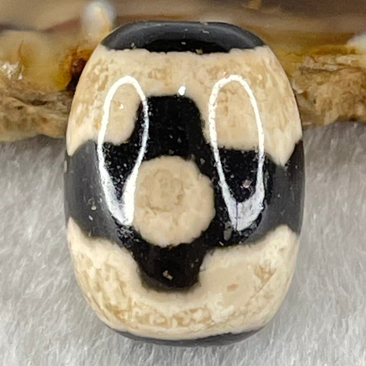 Natural Powerful Tibetan Old Oily Dark Brown With White Agate 3 Eyes Dzi Bead Heavenly Master (Tian Zhu) 三眼天诛 4.97g 17.8 by 13.4mm - Huangs Jadeite and Jewelry Pte Ltd