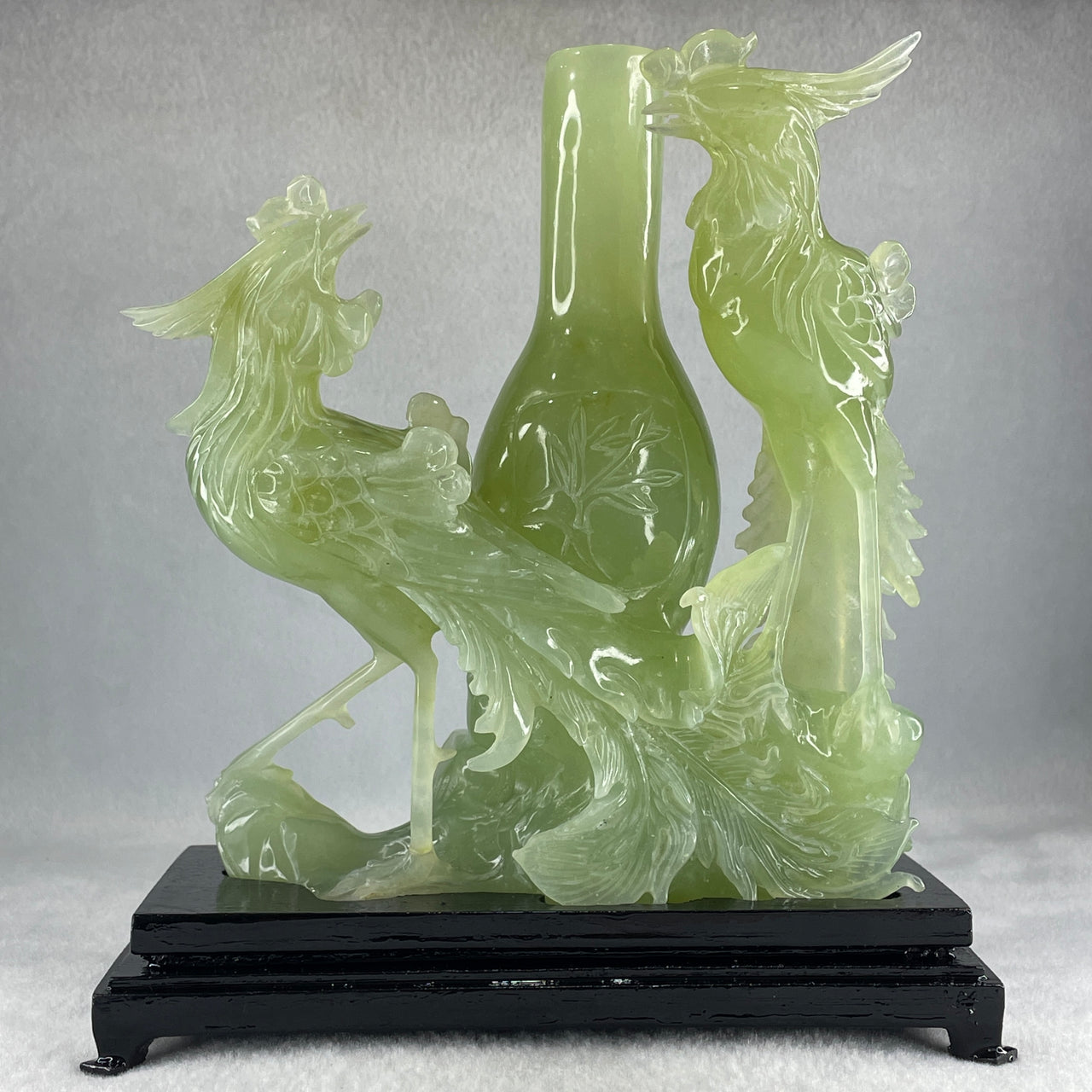 Natural Green Serpentine Double Phoenix on Tree and Vase with Wooden Stand Display 1,377.4g 180.0 by 210.0 by 86.0mm - Huangs Jadeite and Jewelry Pte Ltd