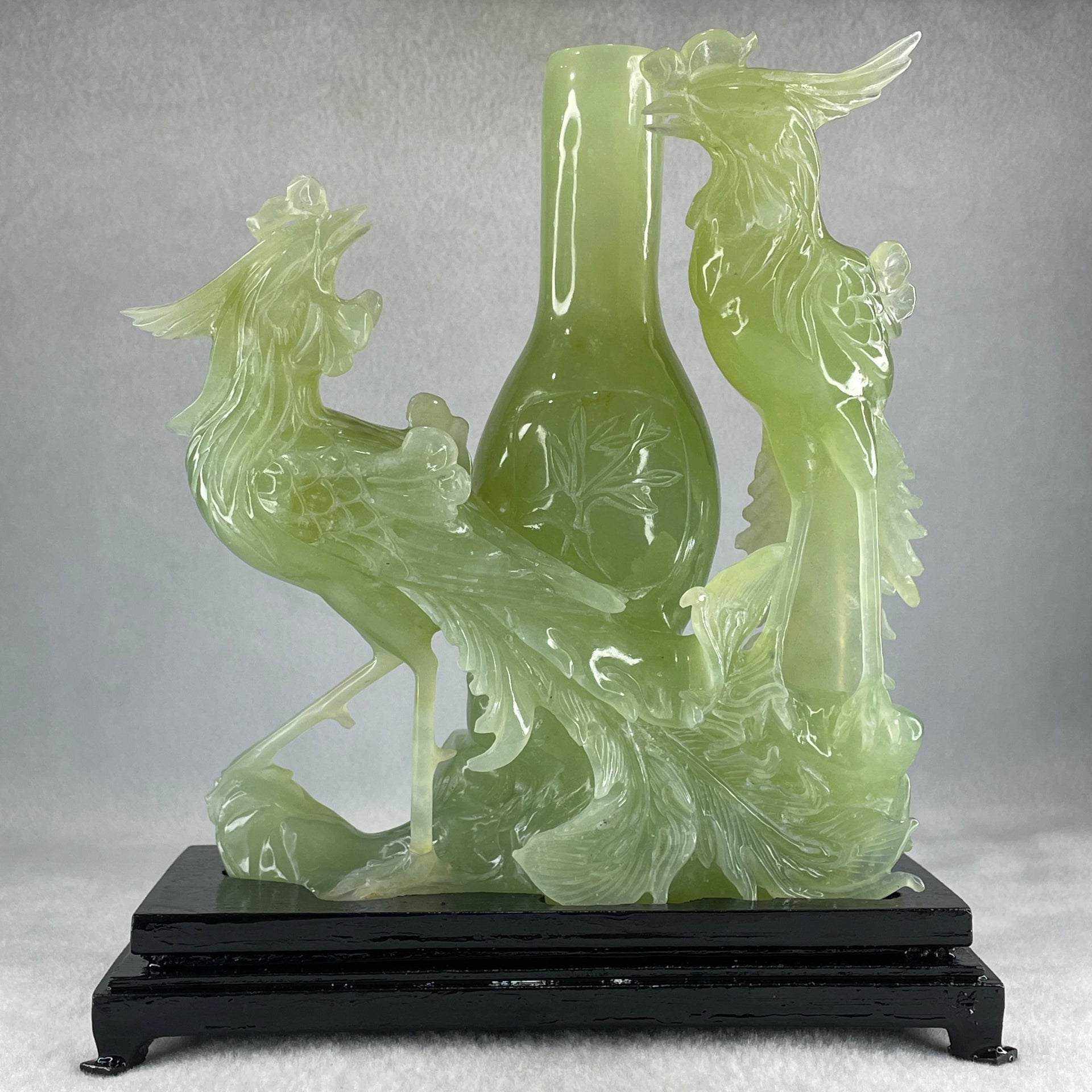 Natural Green Serpentine Double Phoenix on Tree and Vase with Wooden Stand Display 1,377.4g 180.0 by 210.0 by 86.0mm - Huangs Jadeite and Jewelry Pte Ltd