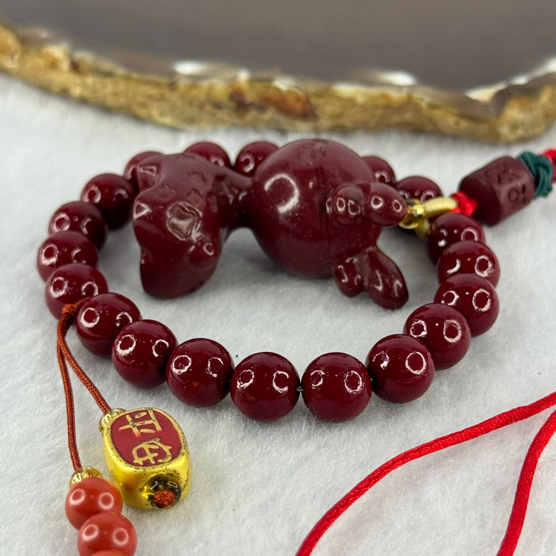 Natural Red Cinnabar Beads with 3D Baby Deer Pendent and Hulu Pair Charm 49.10g 8.3mm 20 Beads 35.2 by 28.9 by 18.7mm - Huangs Jadeite and Jewelry Pte Ltd