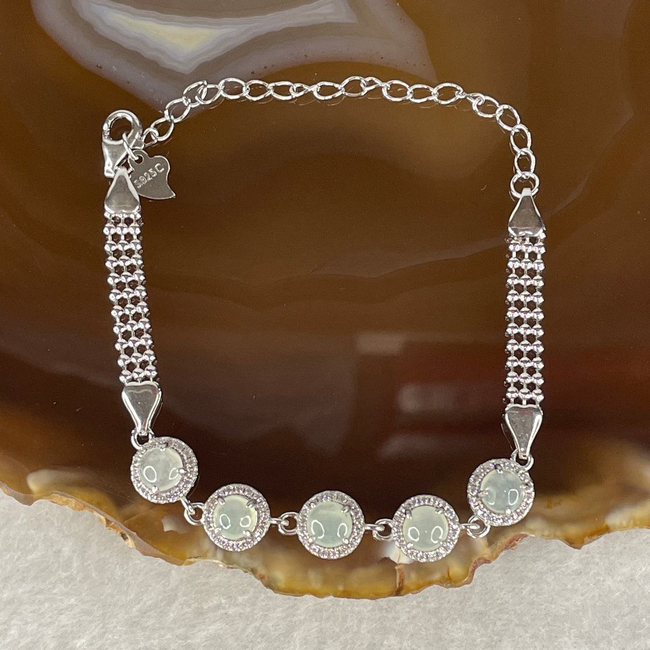 Natural Type A Icy Light Blueish Green Jadeite Multi-Cabochon Bracelet | S925 Sterling Silver Adjustable 13-16cm Glacial Ocean Fine Jewelry Layering Chain (5.41g, 4.9x1.5mm 5 Pieces)