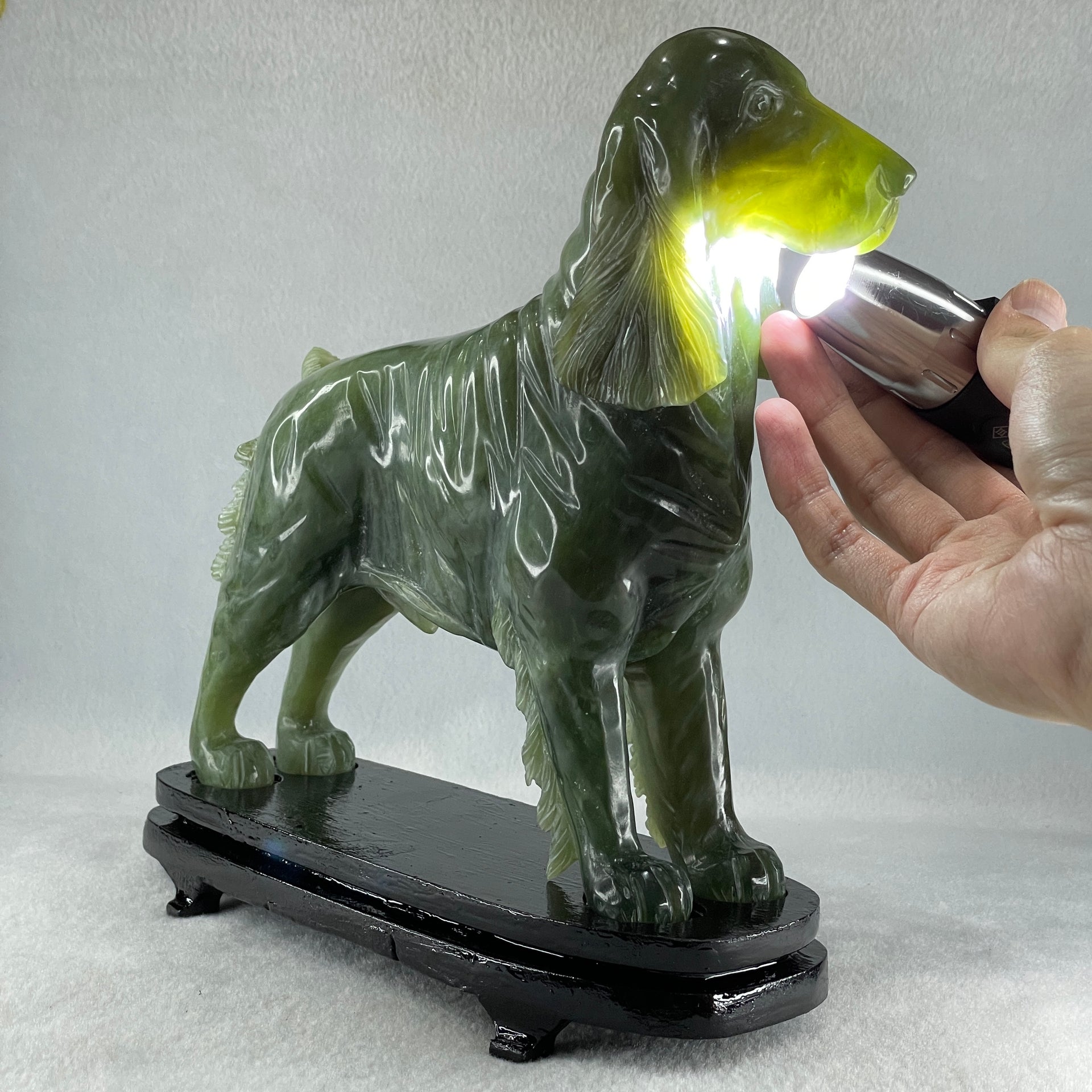 Natural Green with Yellow Serpentine Male Dog with Wooden Stand Feng Shui Display 1,780.3g 220.0 by 82.0 by 220.0mm - Huangs Jadeite and Jewelry Pte Ltd