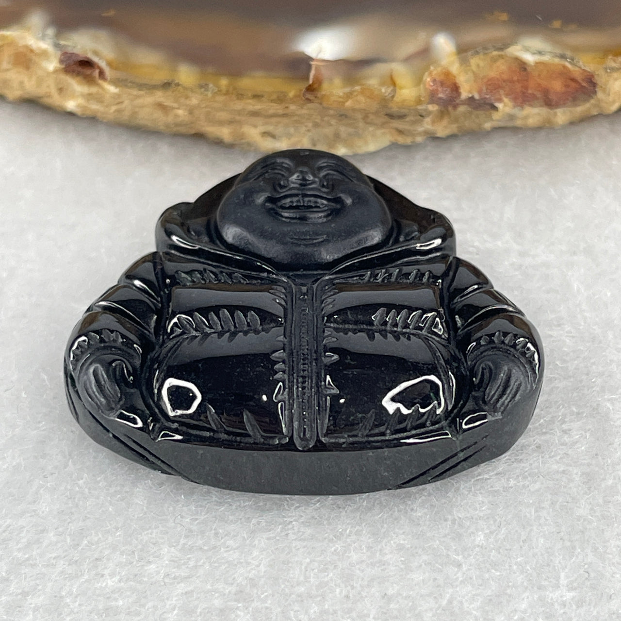 Symbol of Luck, Wealth and Happiness - Certified Natural Type A Black Jadeite Milo Laughing Buddha Pendant with Jacket 16.02g 29.8 by 32.3 by 9.4mm
