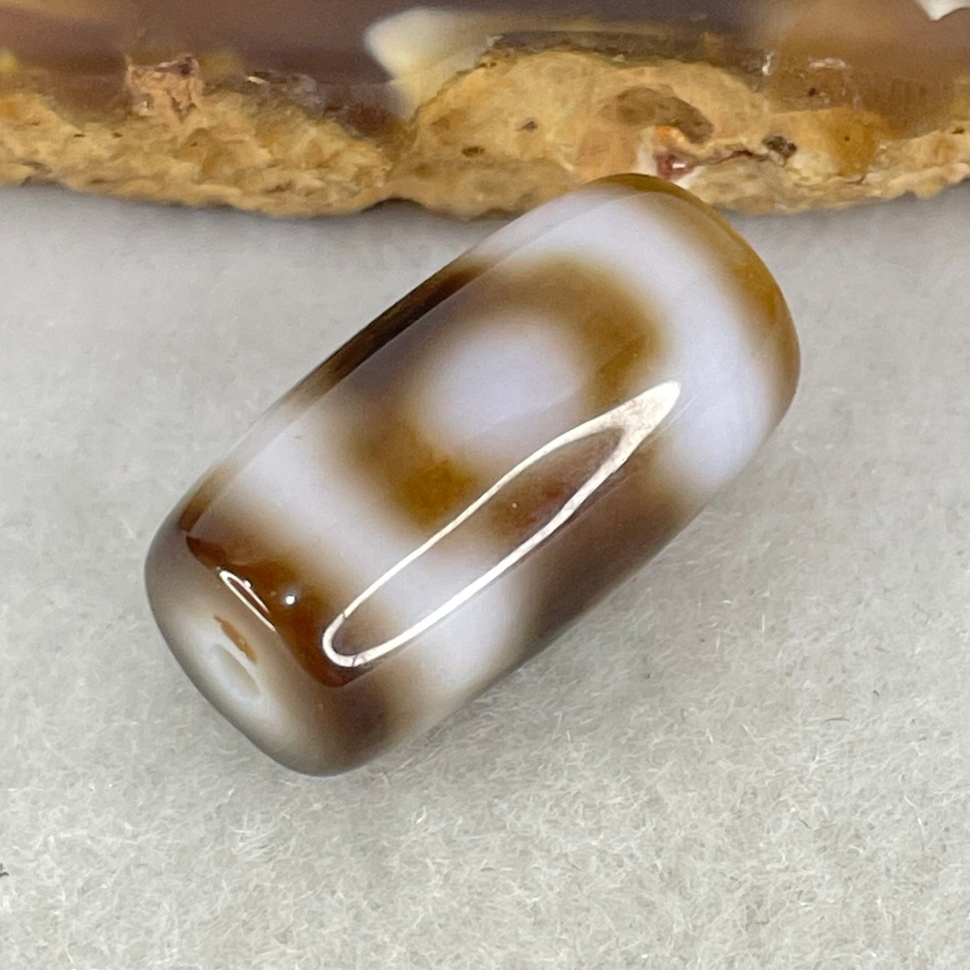 Natural Powerful Tibetan Old Oily Dark Brown With White Agate 3 Eyes Dzi Bead Heavenly Master (Tian Zhu) 三眼天诛 3.95g 19.6 by 10.8mm - Huangs Jadeite and Jewelry Pte Ltd