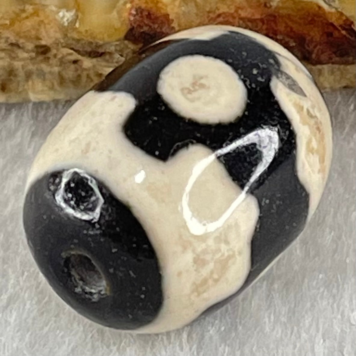 Natural Powerful Tibetan Old Oily Dark Brown With White Agate 3 Eyes Dzi Bead Heavenly Master (Tian Zhu) 三眼天诛 4.90g 17.8 by 13.5mm - Huangs Jadeite and Jewelry Pte Ltd