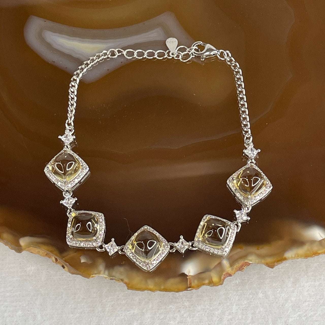 Natural Citrine Bead with Cubic Zirconia Bracelet in S925 Sliver 7.52g 13-16cm 6.8 by 6.0mm 5 Pcs - Huangs Jadeite and Jewelry Pte Ltd