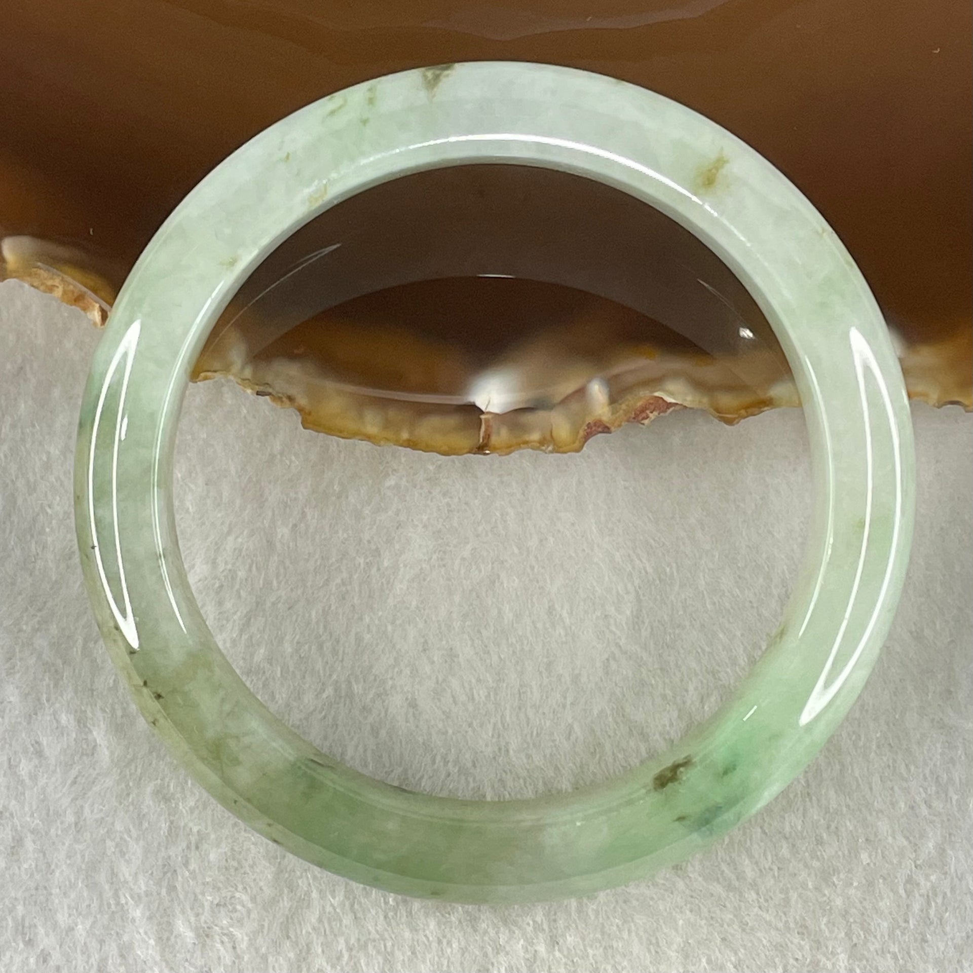 Type A Light Green with Green Patches Jadeite Bangle 43.14g Inner Diameter 53.2mm 10.6 by 8.0mm (Slight Internal Lines) - Huangs Jadeite and Jewelry Pte Ltd
