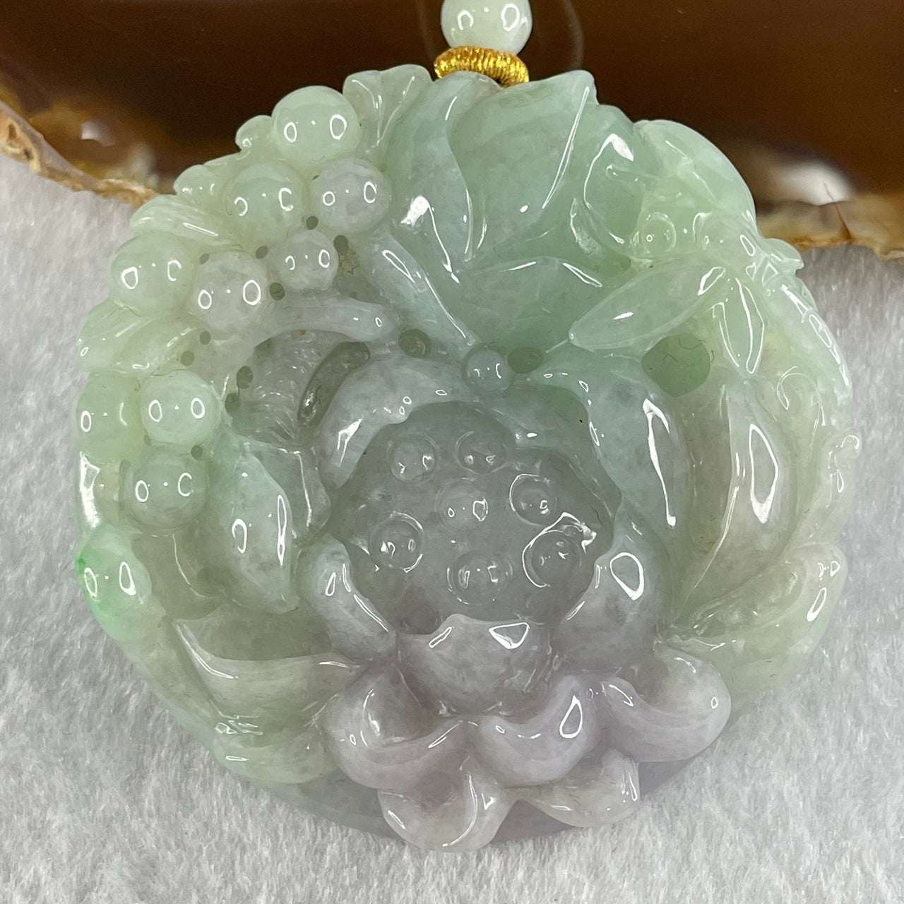 Grandmaster Type A Blueish Green and Lavender Jadeite Insect And Flower Pendant 和和美美 79.16g 58.1 by 58.1 by 13.5mm - Huangs Jadeite and Jewelry Pte Ltd