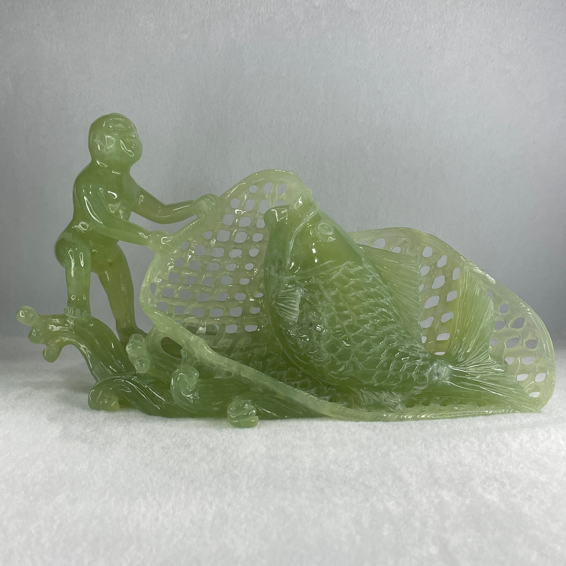 Natural Jelly Green Serpentine Tong Zhi Fishing Carp Fish Display 1,777.5g 285.0 by 150.0 by 160.0mm - Huangs Jadeite and Jewelry Pte Ltd