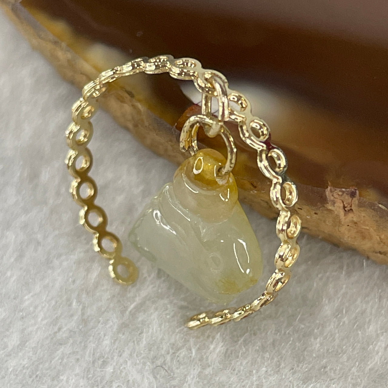 Natural Type A Semi Icy Faint Green with Yellowish Jadeite Rabbit on Gold Color Ring 1.38g 11.9 by 9.8 by 4.5mm