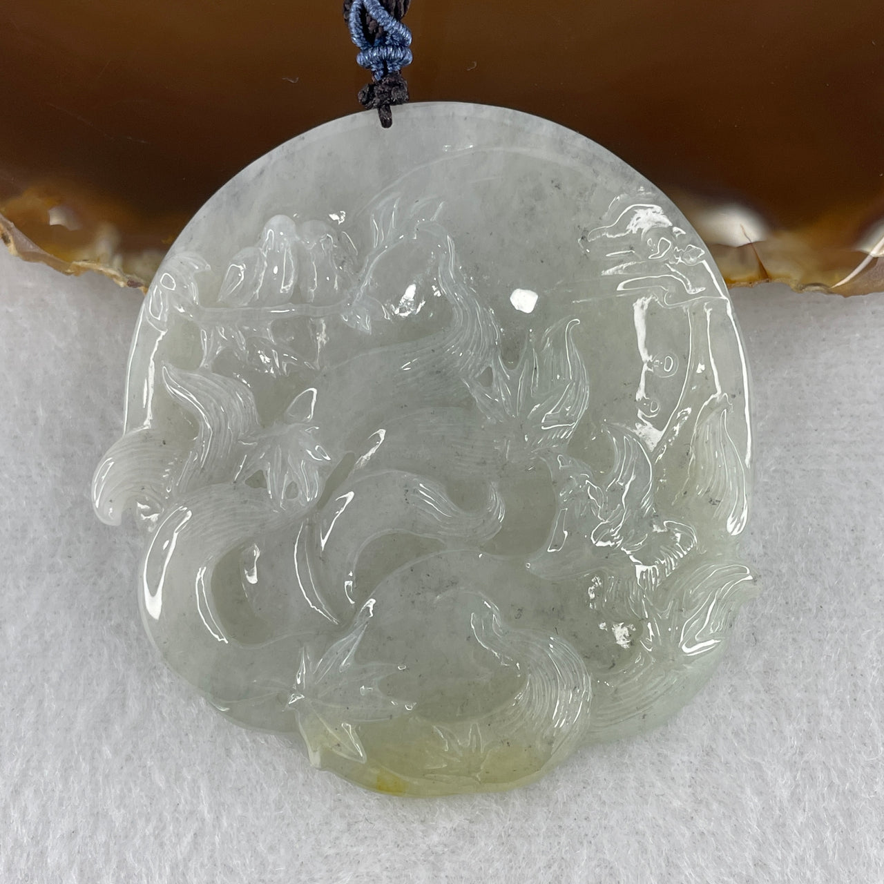 Natural Type A Multi-Color Jadeite Nine-Tailed Fox & Twin Birds Pendant | Masterpiece Hand-Carved Myanmar Feicui | Supreme Charisma, Protection & Relationship Harmony Amulet (35.35g | 57.9x55.4x6.1mm)