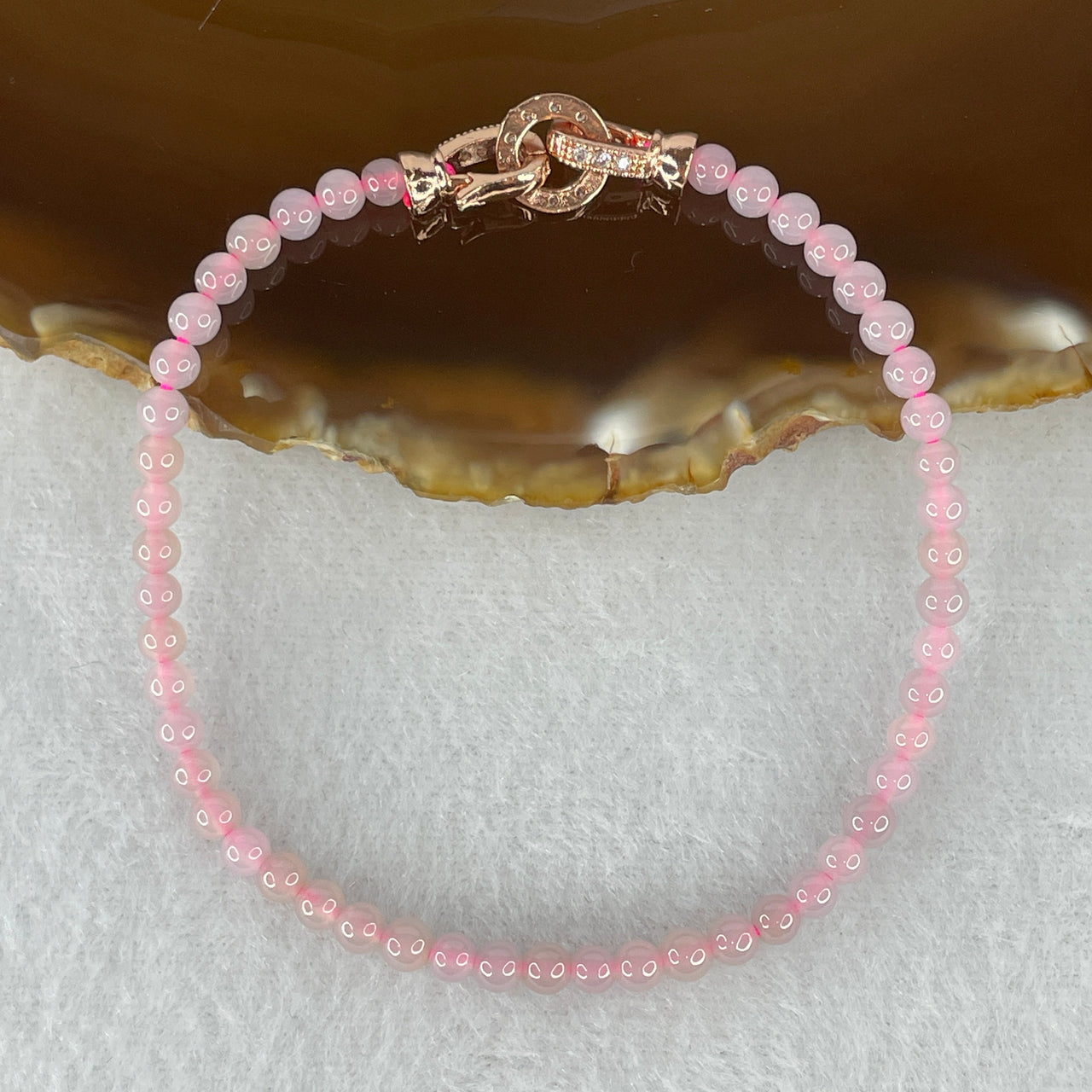 Natural Type A Semi-Icy Pink Jadeite Beads Bracelet | 17cm Delicate 3.8mm Round Genuine Pink Jade Bracelet Rose Gold Clasp (5.32g 49 Beads)