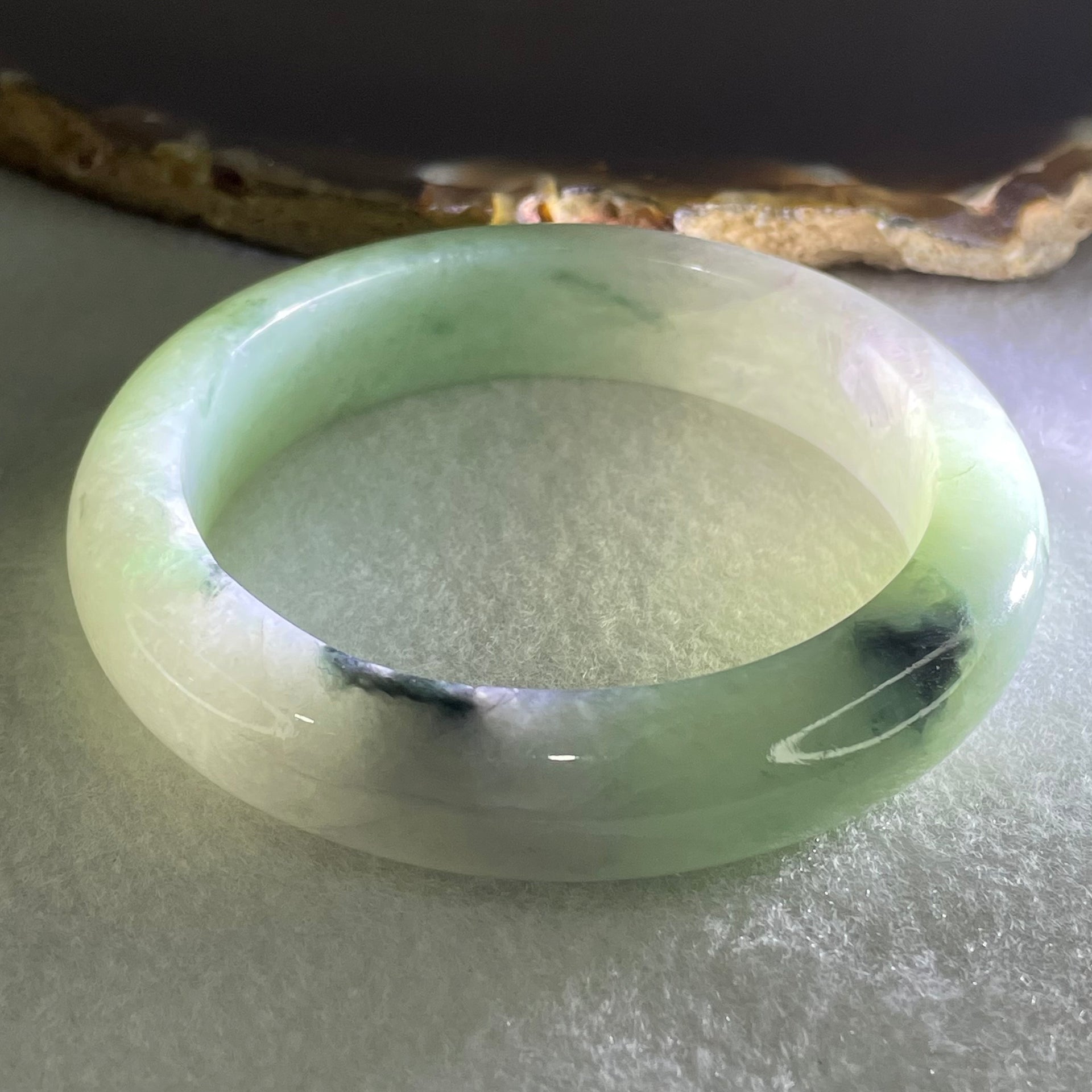 Type A Green Lavender with Dark Green Piao Hua Jadeite Bangle 58.88g Internal Diameter 52.7mm 12.9 by 8.7mm (Internal Lines with External Rough, Burnt) - Huangs Jadeite and Jewelry Pte Ltd
