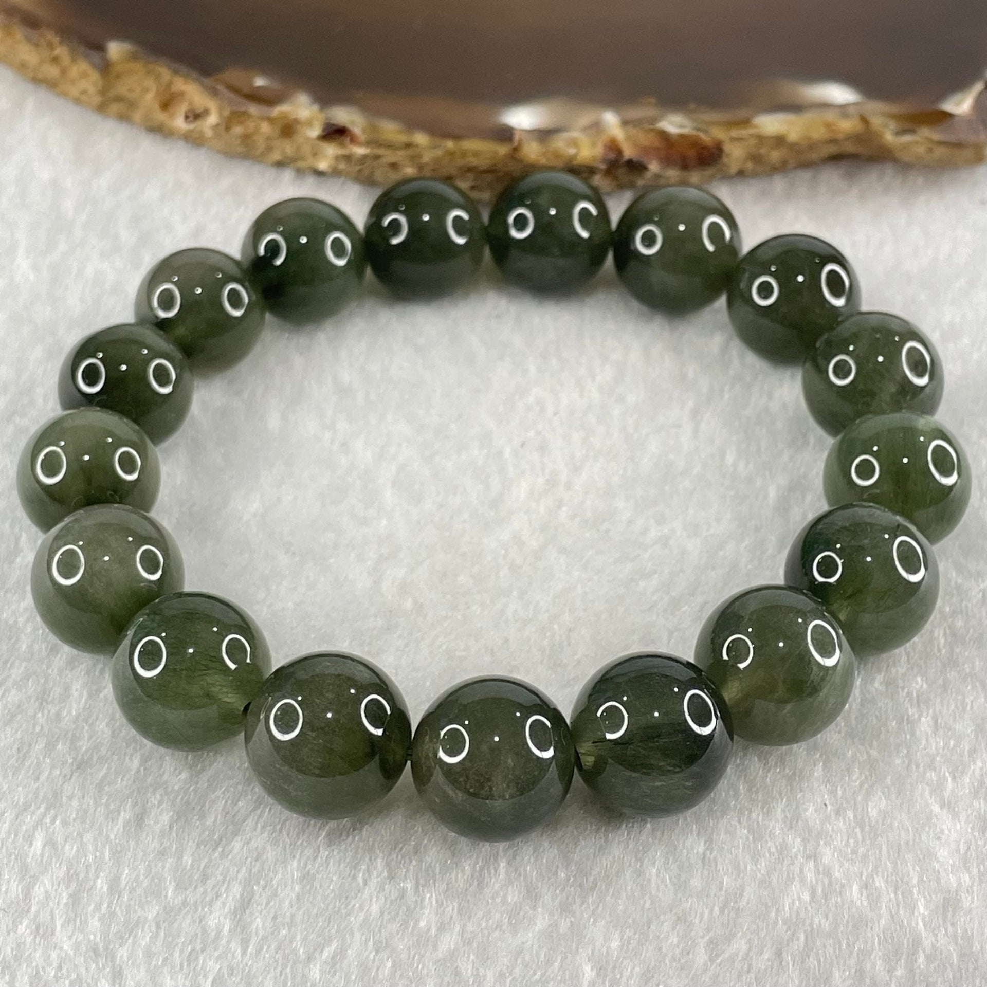 Good Grade Natural Cats Eye Green Rutilated Quartz Beads Bracelet 45.55g 18.5cm 12.7mm 17 Beads - Huangs Jadeite and Jewelry Pte Ltd