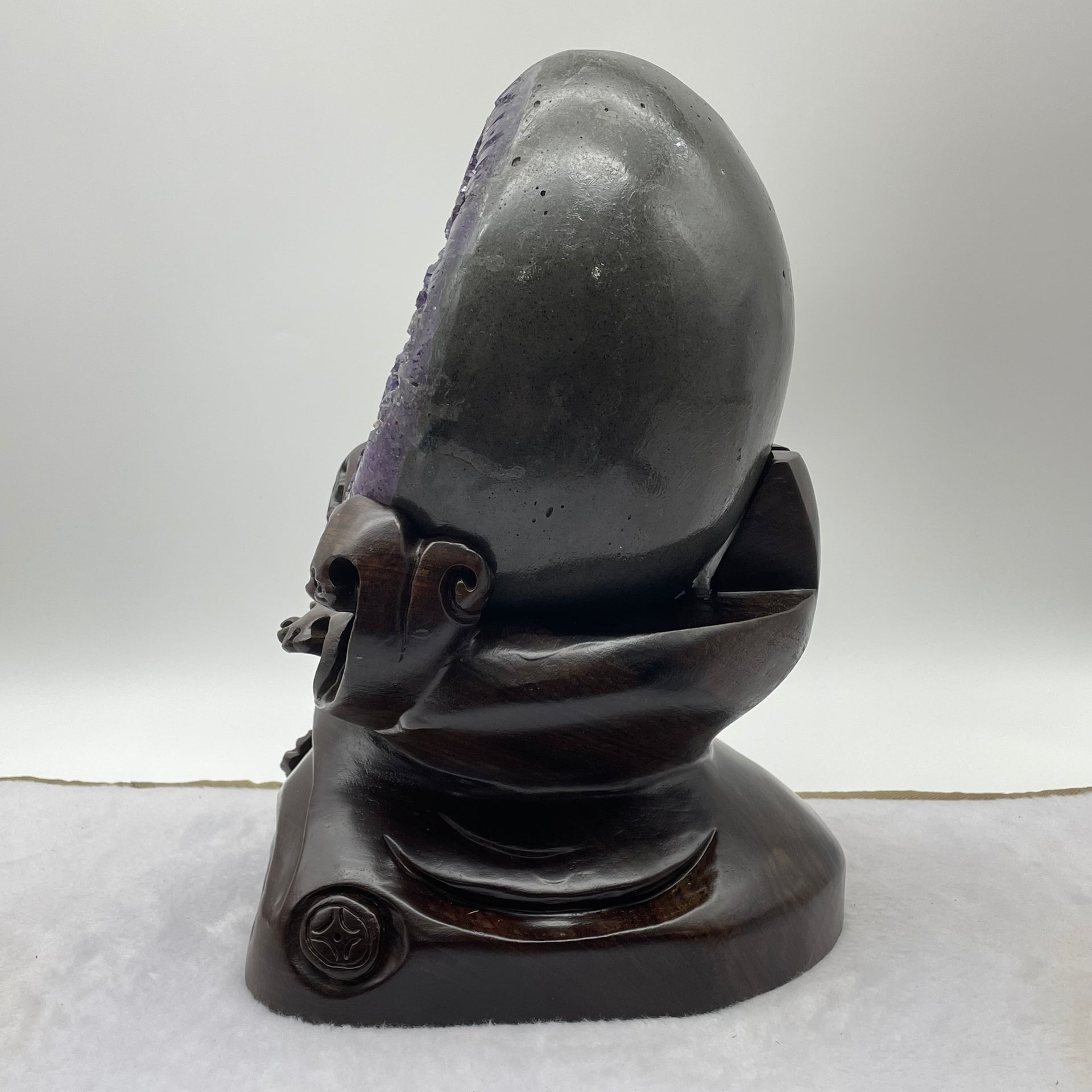 Natural Deep Purple Amethyst Egg with Wooden Stand Display Total 6,107.6g 175.0 by 200.0 by 270.0mm - Huangs Jadeite and Jewelry Pte Ltd