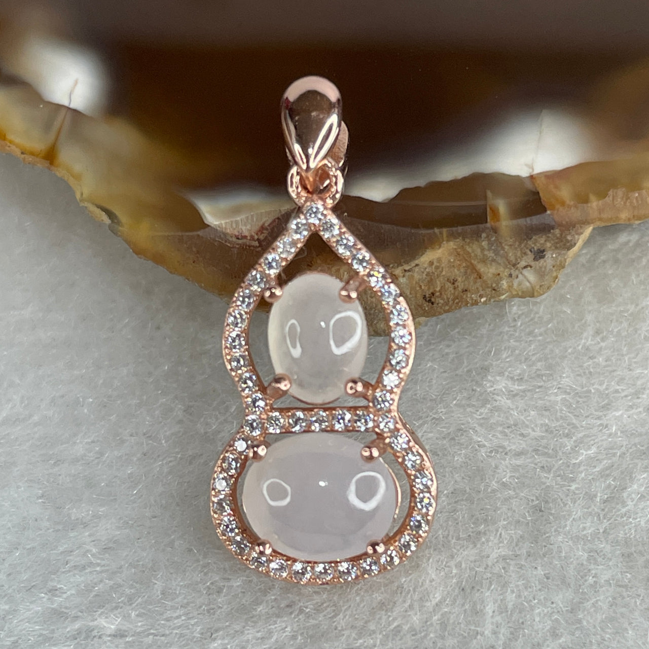 Type A Semi-Icy White Jadeite "Hulu" Bottle Gourd Pendant | Double-Gem Floating Architecture | Rose Gold Color S925 Silver | Elegant "Abundance & Harmony" Imperial Talisman (1.99g 7.5x6.4mm and 6.3x4.7mm)