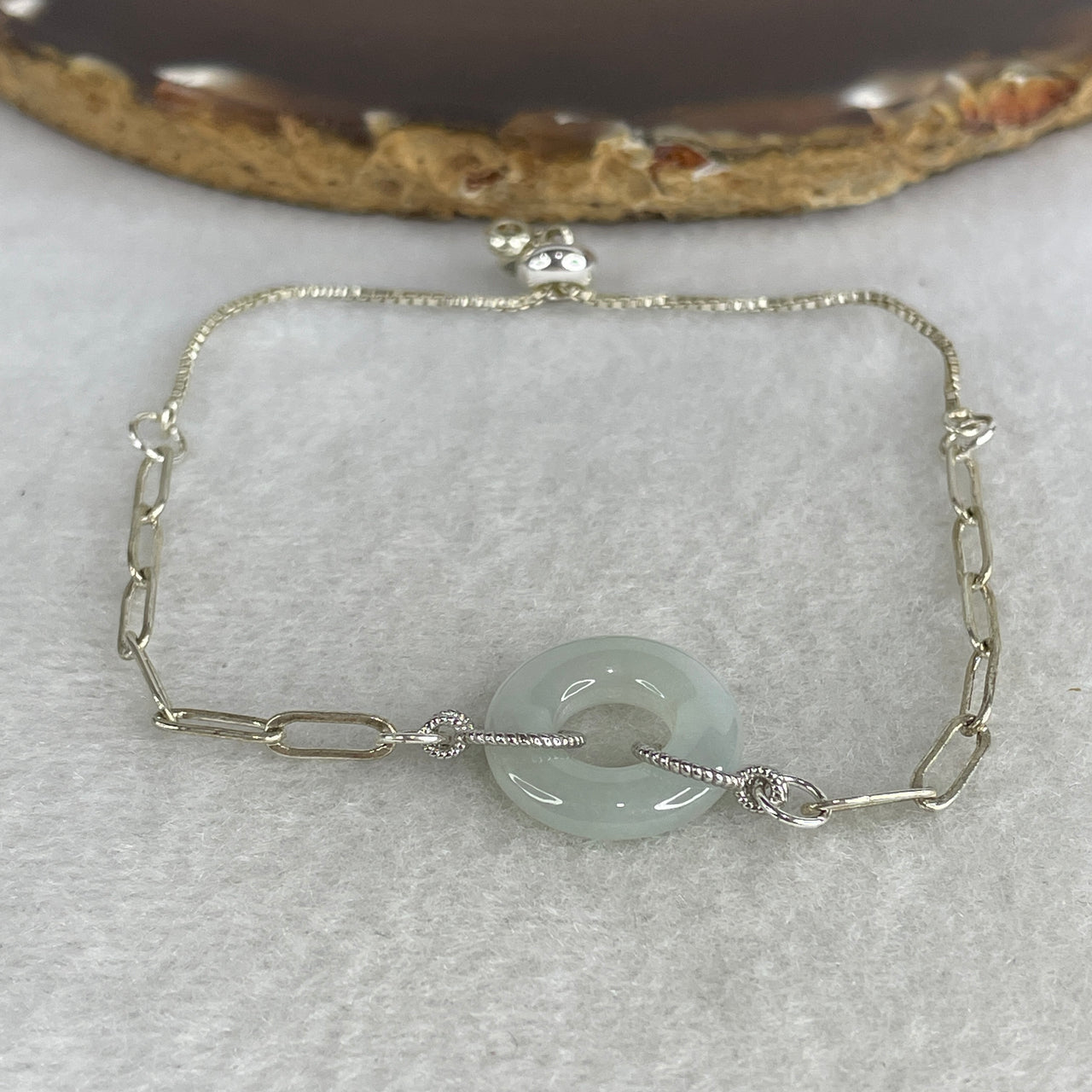Type A Jelly Faint Green Jadeite "Ping An Kou" Donut Bracelet | Solid S925 Sterling Silver Setting | Adjustable 13-17cm Wrist Fit | Imperial "Safe Journey & Harmony" Protection Talisman (4.50g 16.4x3.6mm)