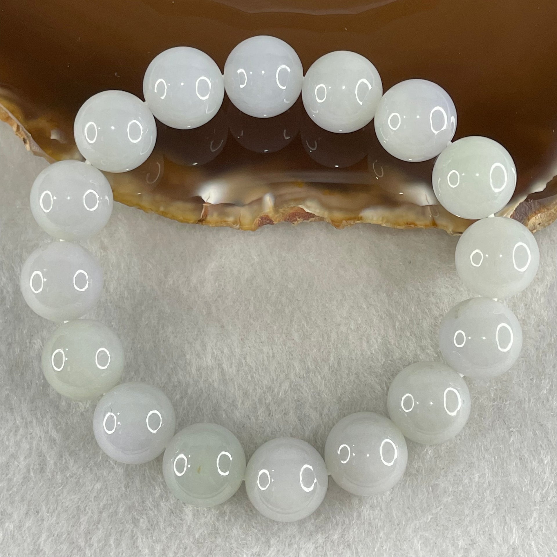 Type A Light Green with Light Lavender Jadeite Beads Bracelet 51.29g 15.5cm 12.3mm 16 Beads - Huangs Jadeite and Jewelry Pte Ltd
