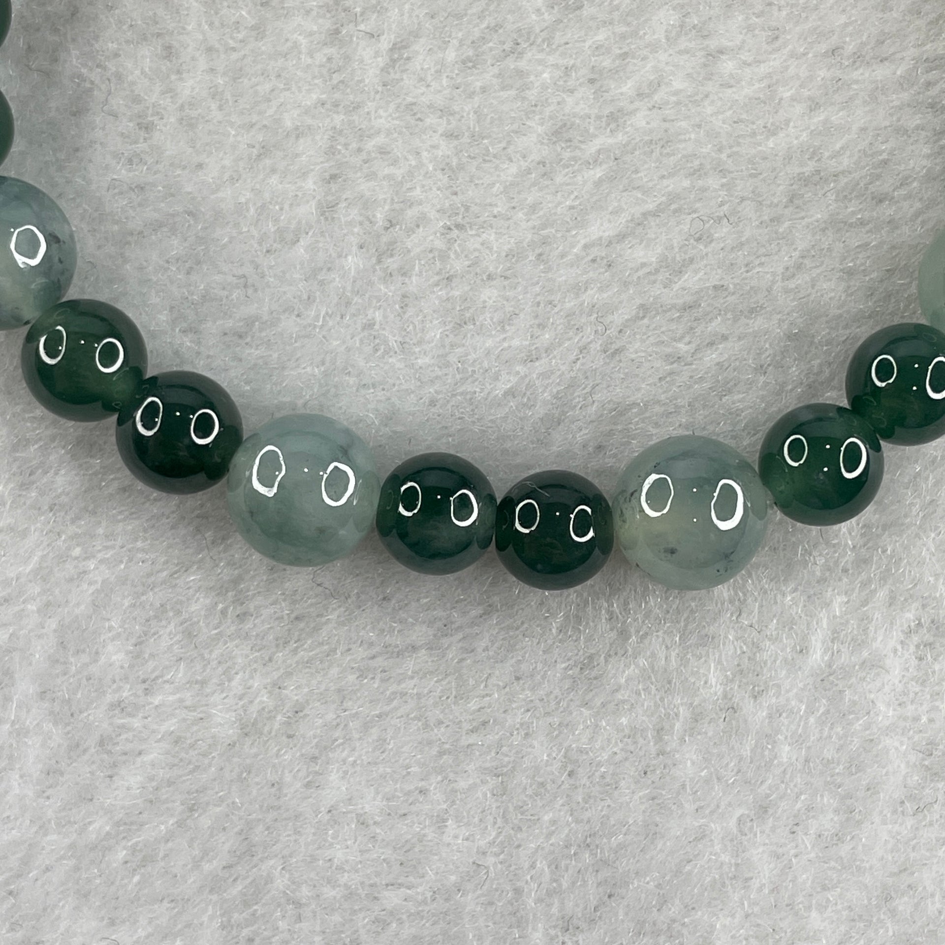 Natural Type A Semi Icy Blueish Green with Light Lavender Jadeite Beads Bracelet 19.10g 16cm 13.5 by 17.3mm 1Bead - 8Beads 7.9mm - 18Beads 6.3mm - Huangs Jadeite and Jewelry Pte Ltd