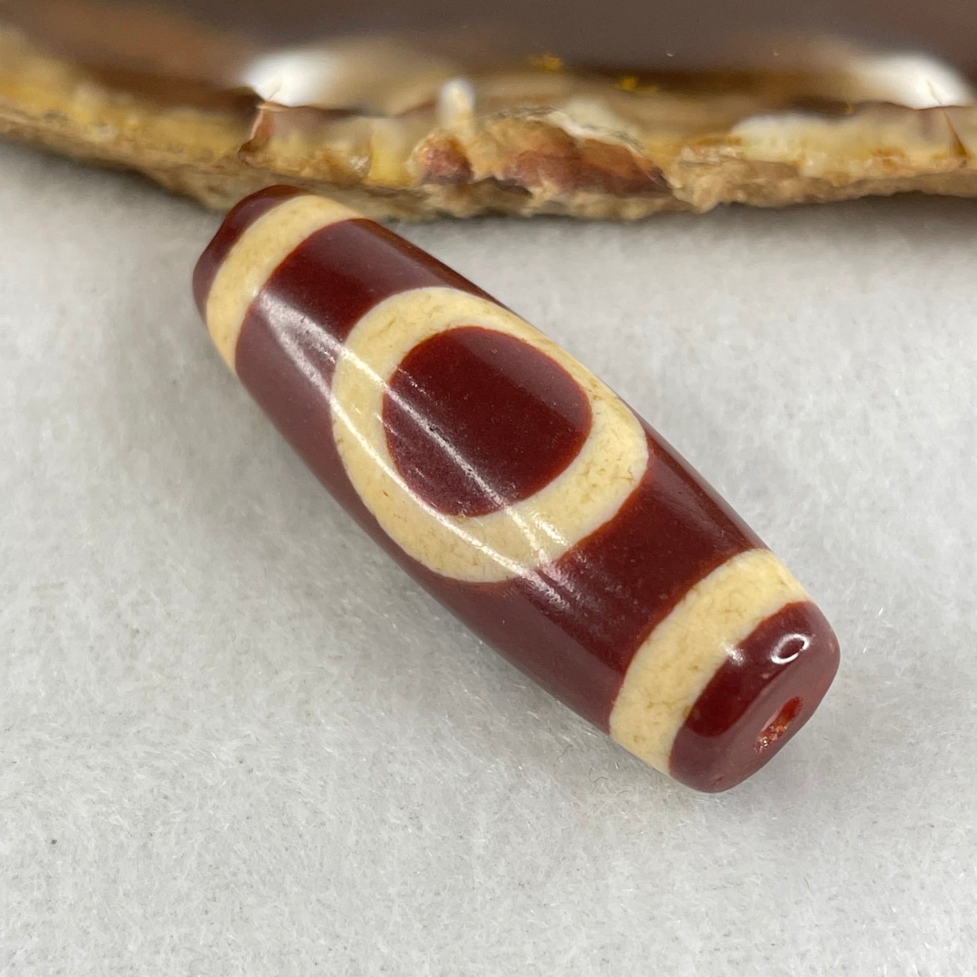 Natural Powerful Tibetan Old Oily Red White Agate One Eye Gold Metal Element Dzi Bead Heavenly Master (Tian Zhu) 一眼金天珠 10.23g 37.9 by 13.3mm - Huangs Jadeite and Jewelry Pte Ltd