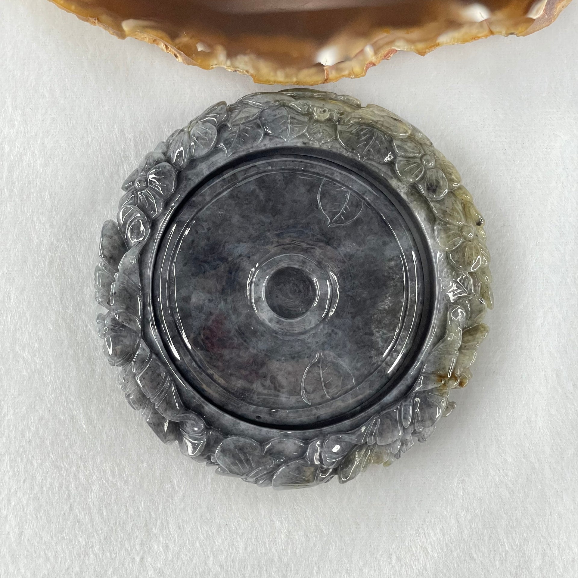 Type A Wuji Grey with Brown Jadeite Bird with Prosperity Flowers and Ruyi Bangle Inner Diameter 58.4mm 14.1 by 13.5mm and Pendant 56.5 by 14.4mm Total Weight 192.46g - Huangs Jadeite and Jewelry Pte Ltd