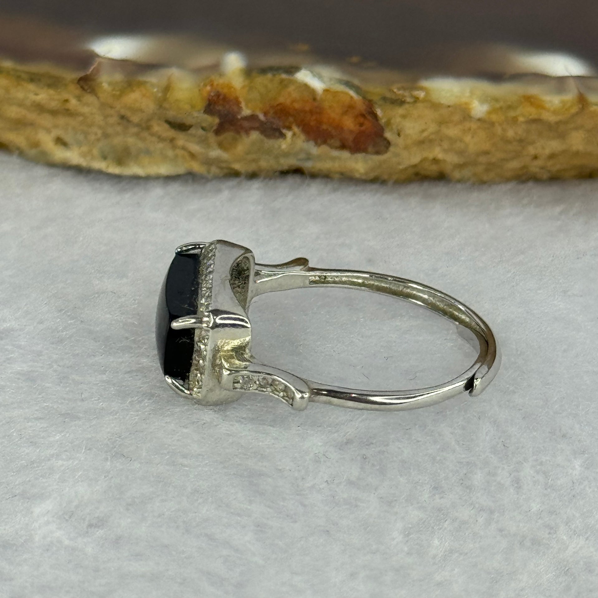 Type A Translucent Black Omphasite Jadeite with Crystals in S925 Sliver Ring (Adjustable Size) 2.00g 11.1 by 6.1 by 3.0mm - Huangs Jadeite and Jewelry Pte Ltd