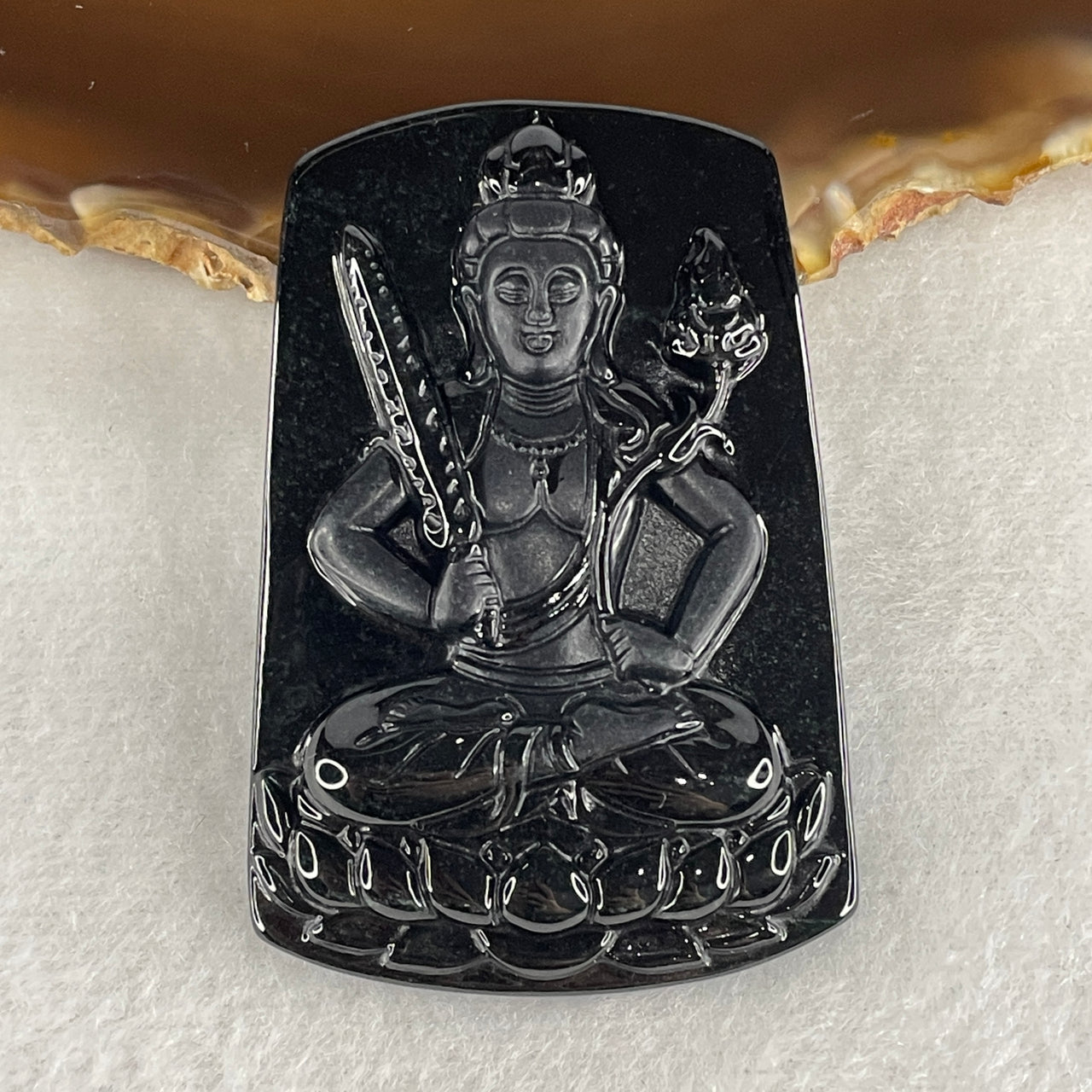 Intelligence, Memory, Wisdom and Learning - Certified Natural Type A Black Omphacite Jadeite Akasagarbha Bodhissattva Pendant 22.42g 58.5 by 39.2 by 8.9mm