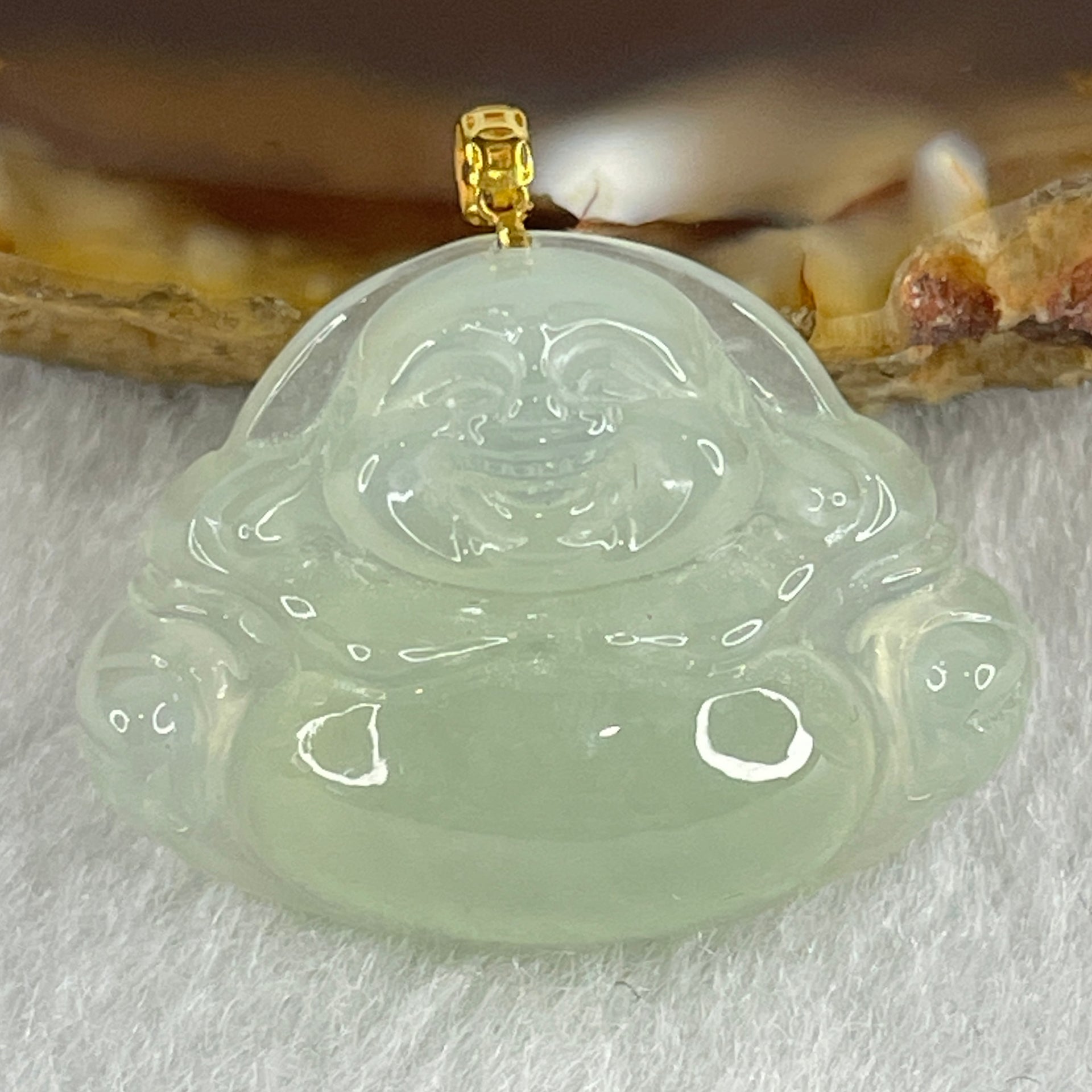 Natural Type A Semi Icy Sky Blue Jadeite Milo Buddha Pendant in 18K Yellow Gold Clasp 4.6g 18.1 by 24.0 by 7.2mm - Huangs Jadeite and Jewelry Pte Ltd