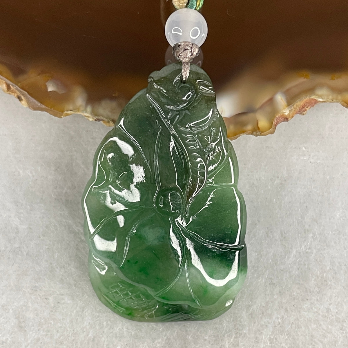 Natural Type A Green Jadeite Lotus Leaf with Carp Fish Pendant | (15.20g | 41.2x25.0x8.0mm | Heart & Sacral Chakra Balance, "Nian Nian You Yu" Surplus Fortune & Serene Flow Shield)