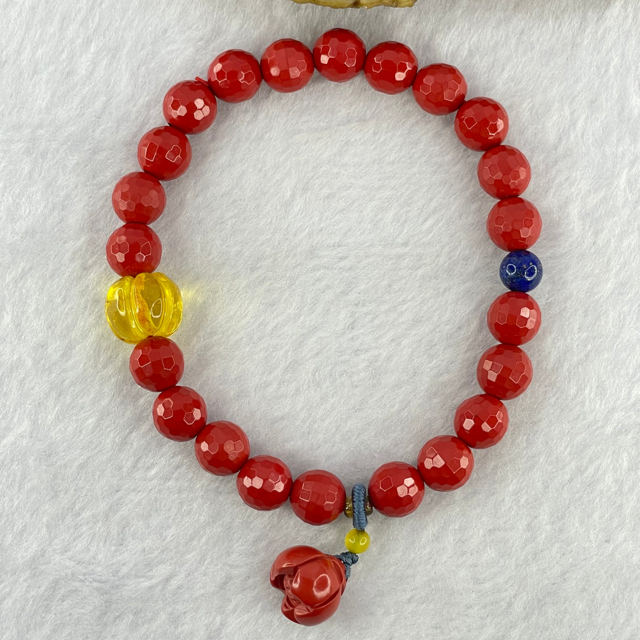 Natural Red Cinnabar Beads Bracelet with Flower Charm and Amber Pumpkin 26.20g 11.6 by 9.6mm 8.2mm 22 Beads - Huangs Jadeite and Jewelry Pte Ltd