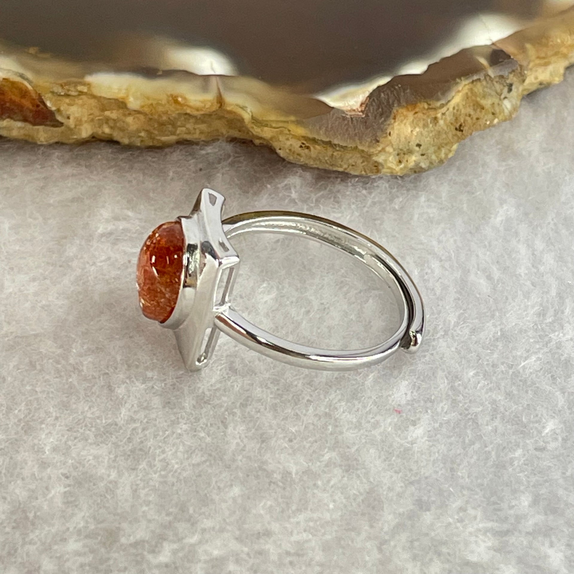 Good Grade Natural Golden Sun Stone in S925 Silver Ring (Adjustable Size) 2.17g 8.9 by 6.9 by 3.5mm - Huangs Jadeite and Jewelry Pte Ltd