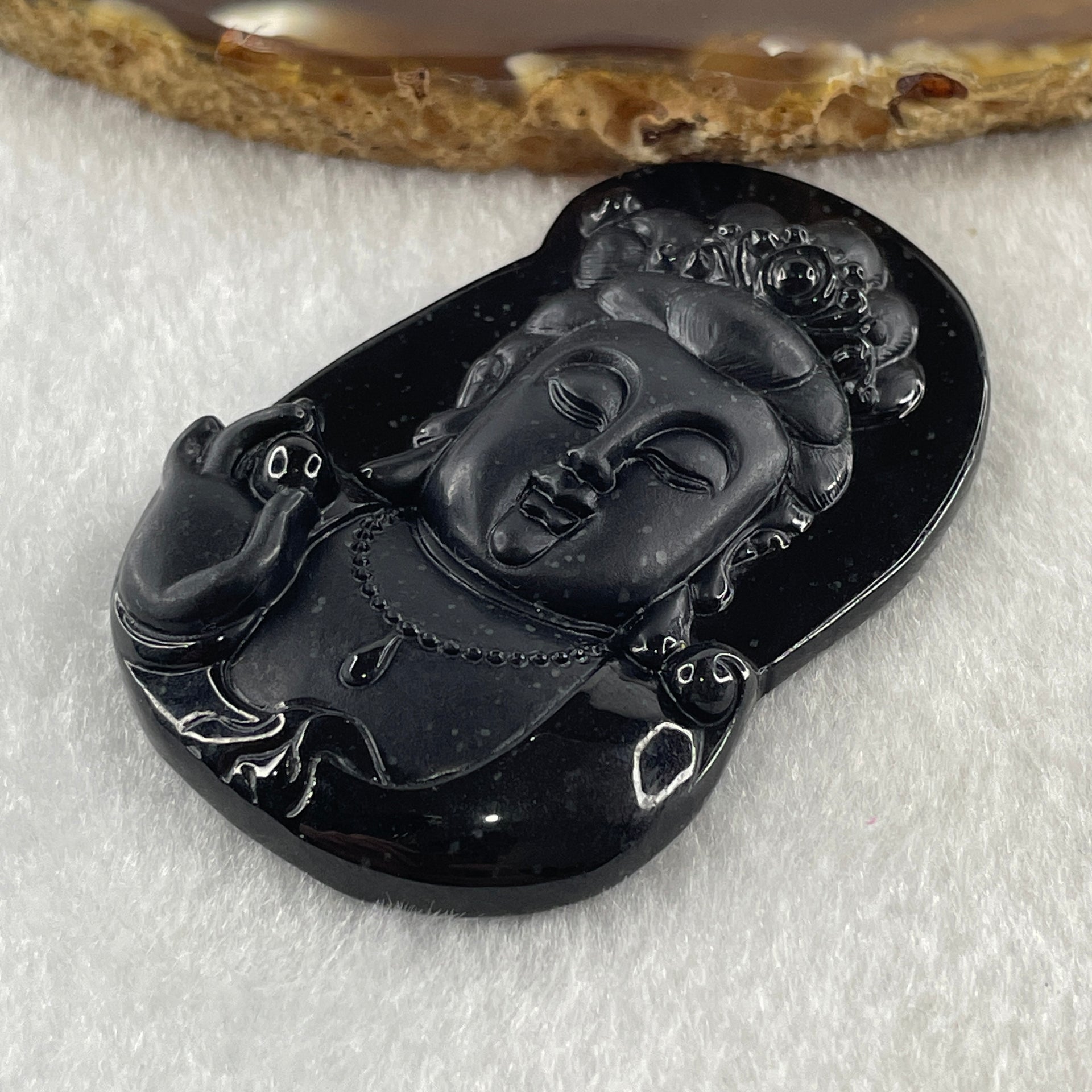 Type A Opaque Black Omphacite Jadeite Guan Yin Pendant 25.49g 60.0 by 38.3 by 9.5mm - Huangs Jadeite and Jewelry Pte Ltd