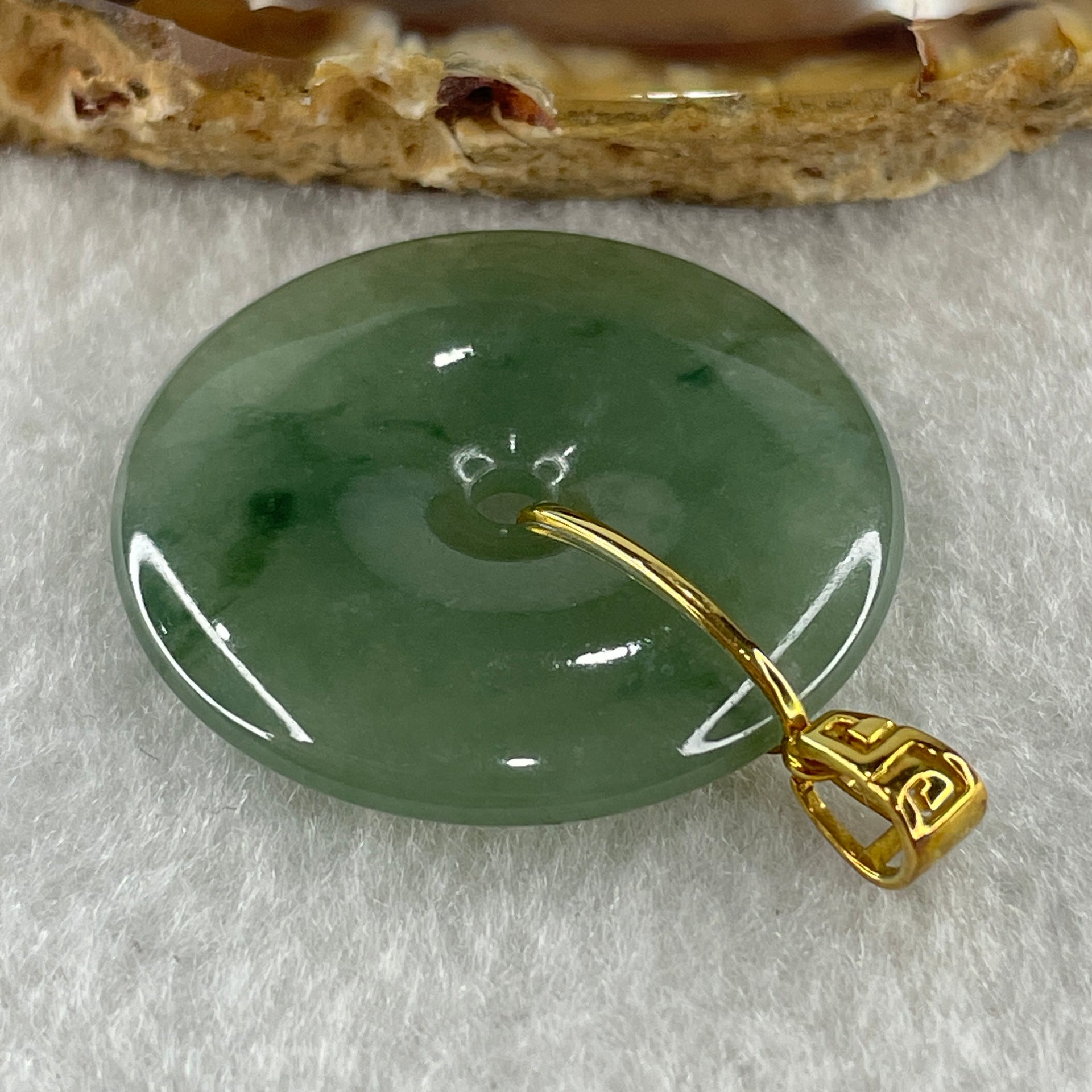 Type A Natural Semi Icy Green with Green Piao Hua Jadeite Ping An Kou Pendant with 18K Yellow Gold Clap 10.67g 30.5 by 5.2mm - Huangs Jadeite and Jewelry Pte Ltd