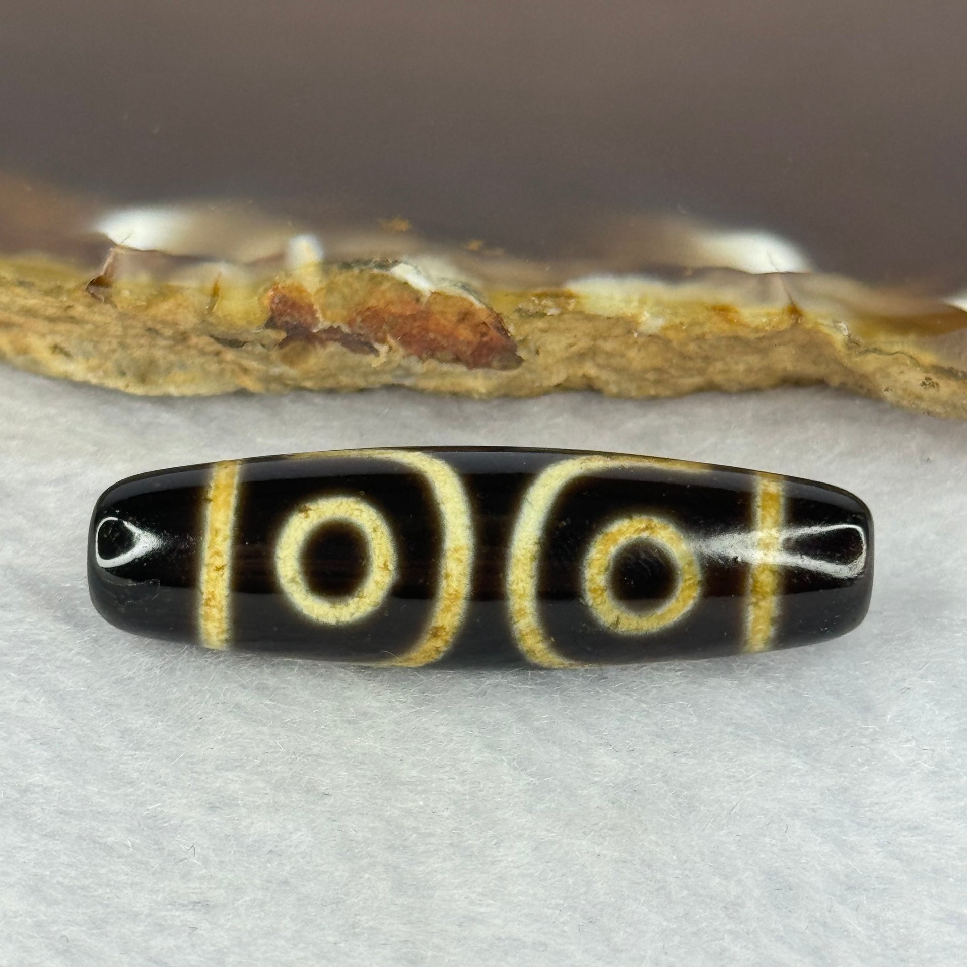 Natural Powerful Tibetan Old Oily Agate 3 Eyes Dzi Bead Heavenly Master (Tian Zhu) 三眼天诛 7.26g 39.4 by 11.2mm - Huangs Jadeite and Jewelry Pte Ltd