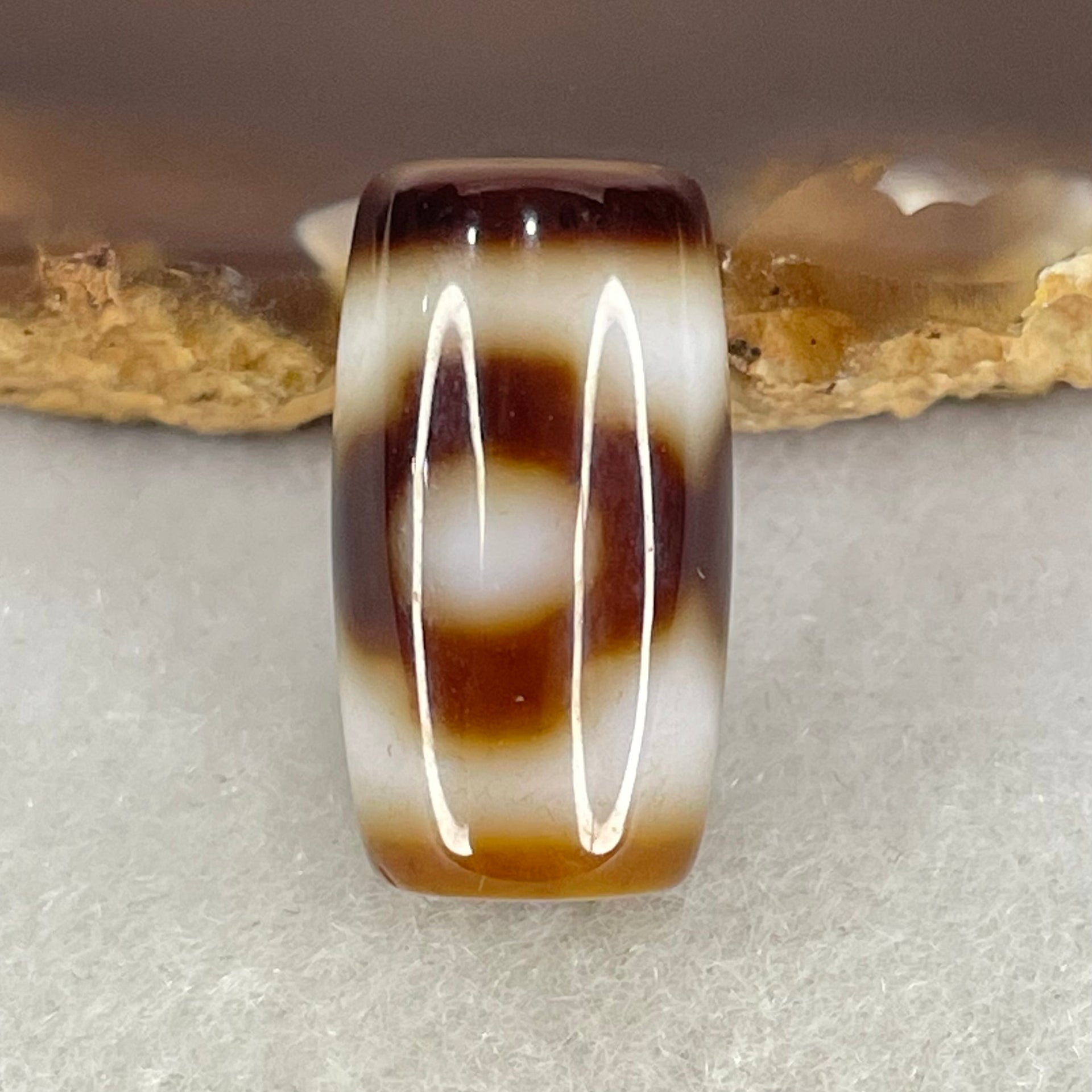 Natural Powerful Tibetan Old Oily Dark Brown With White Agate 3 Eyes Dzi Bead Heavenly Master (Tian Zhu) 三眼天诛 3.92g 19.6 by 10.8mm - Huangs Jadeite and Jewelry Pte Ltd