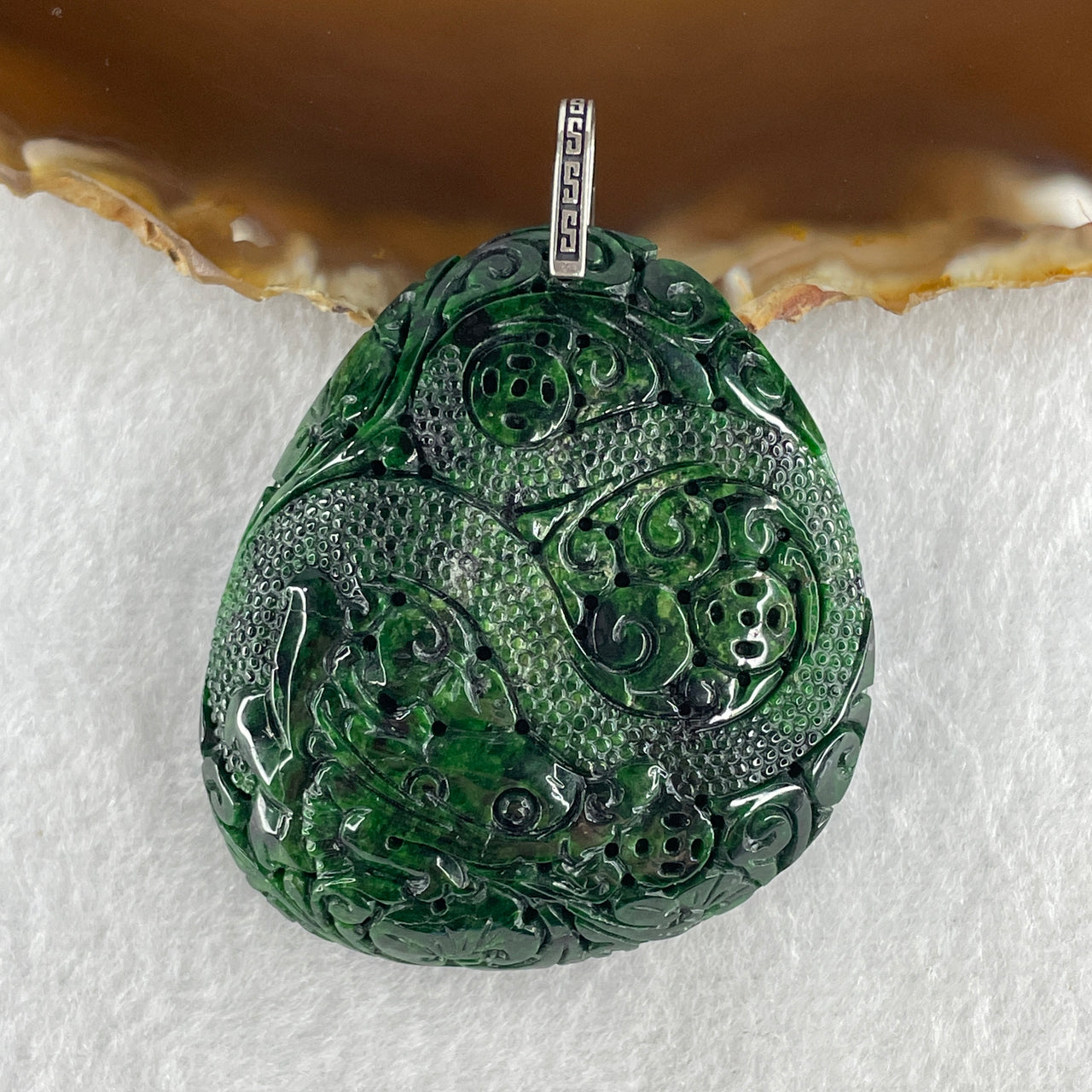 Natural Type A Opaque Old Mine Spicy Green Jadeite Dragon with Coins Ruyi Bat and Flowers Pendant in S925 Silver Clasp 55.90g 52.0 by 45.5 by 13.5mm