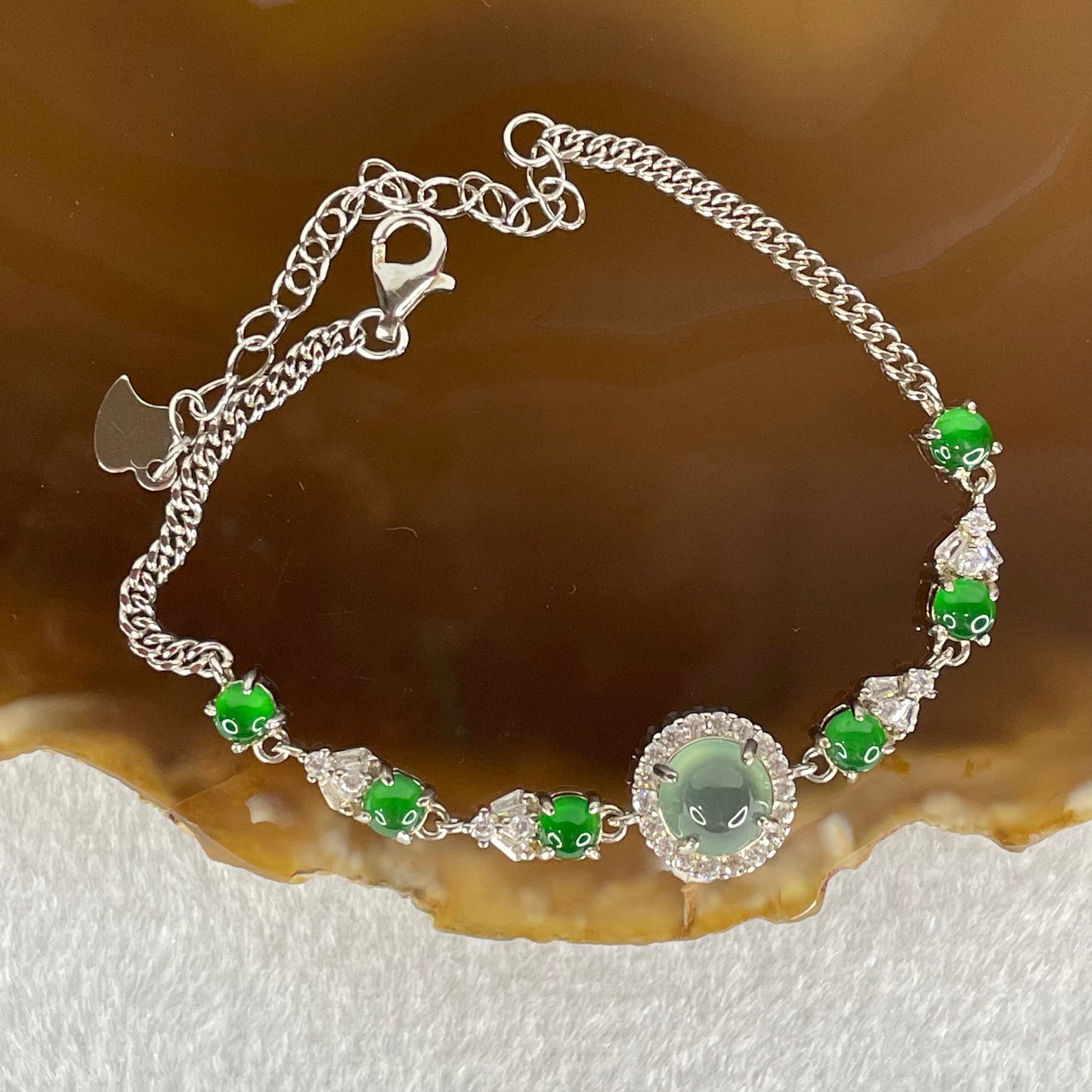 Type A Icy Blueish Green 6.8 by 4.0mm and Icy Green Omphasite Jadeite Cabochon With Crystals in S925 Sliver Bracelet 4.75g - Huangs Jadeite and Jewelry Pte Ltd