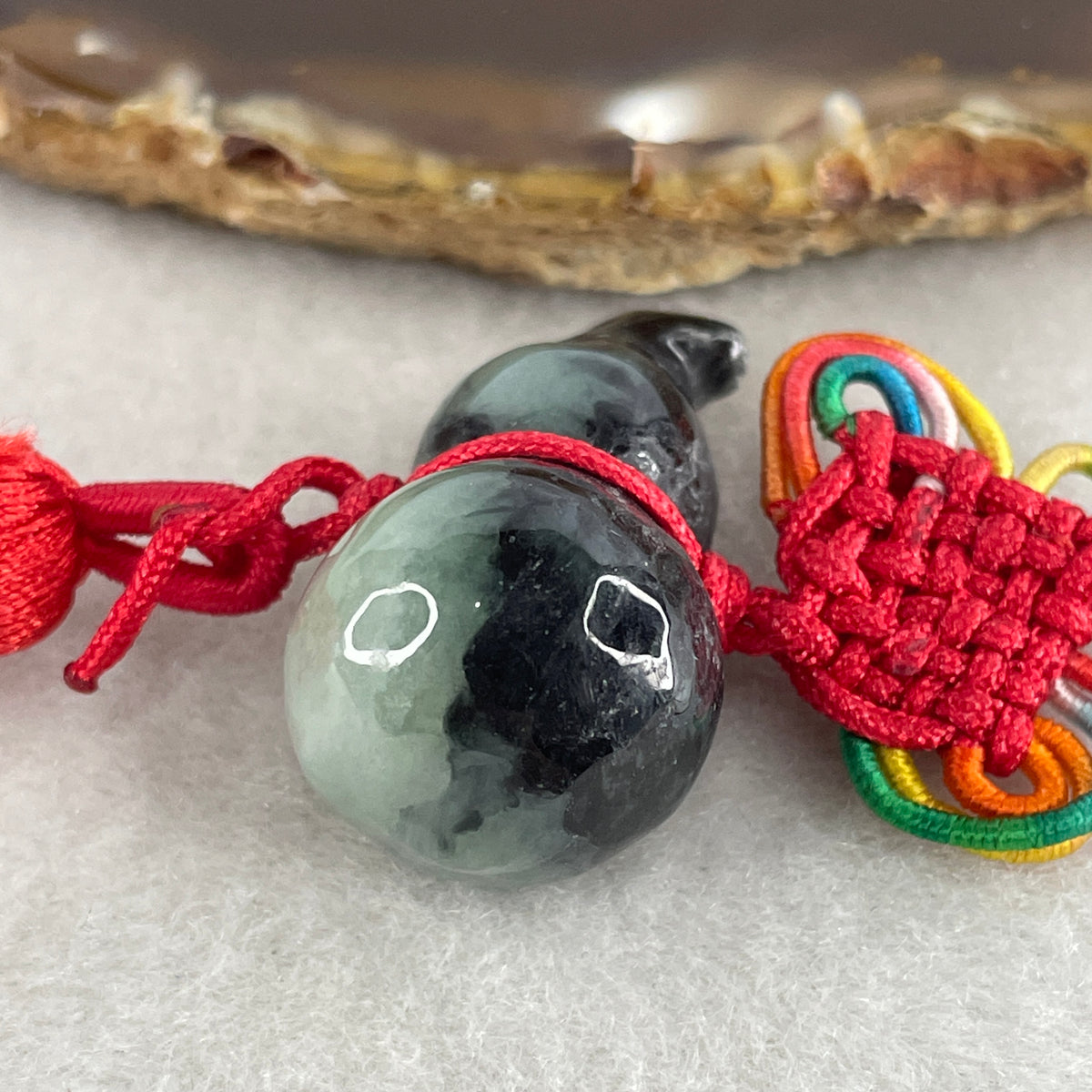 Natural Type A Wuji Black with Green Jadeite Hulu Charm Display | Gourd Health, Wealth Accumulation & Protection Talisman (16.64g | 32.7 x 17.6mm) - Huangs Jadeite and Jewelry Pte Ltd